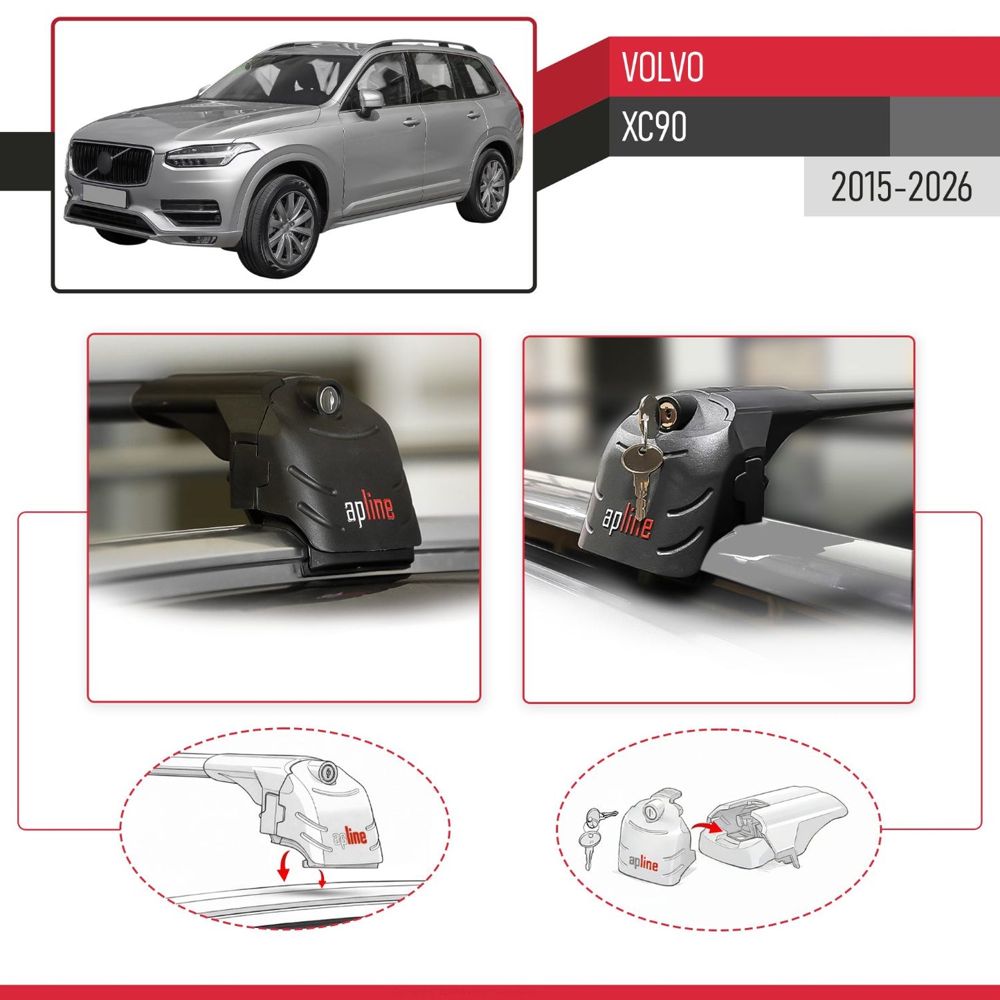 Compatible con Volvo XC90 II 2015-2025 ACE-2 Barras de Techo Auto Portaequipajes Barras Transversales Negro Aluminio 2 Barras
