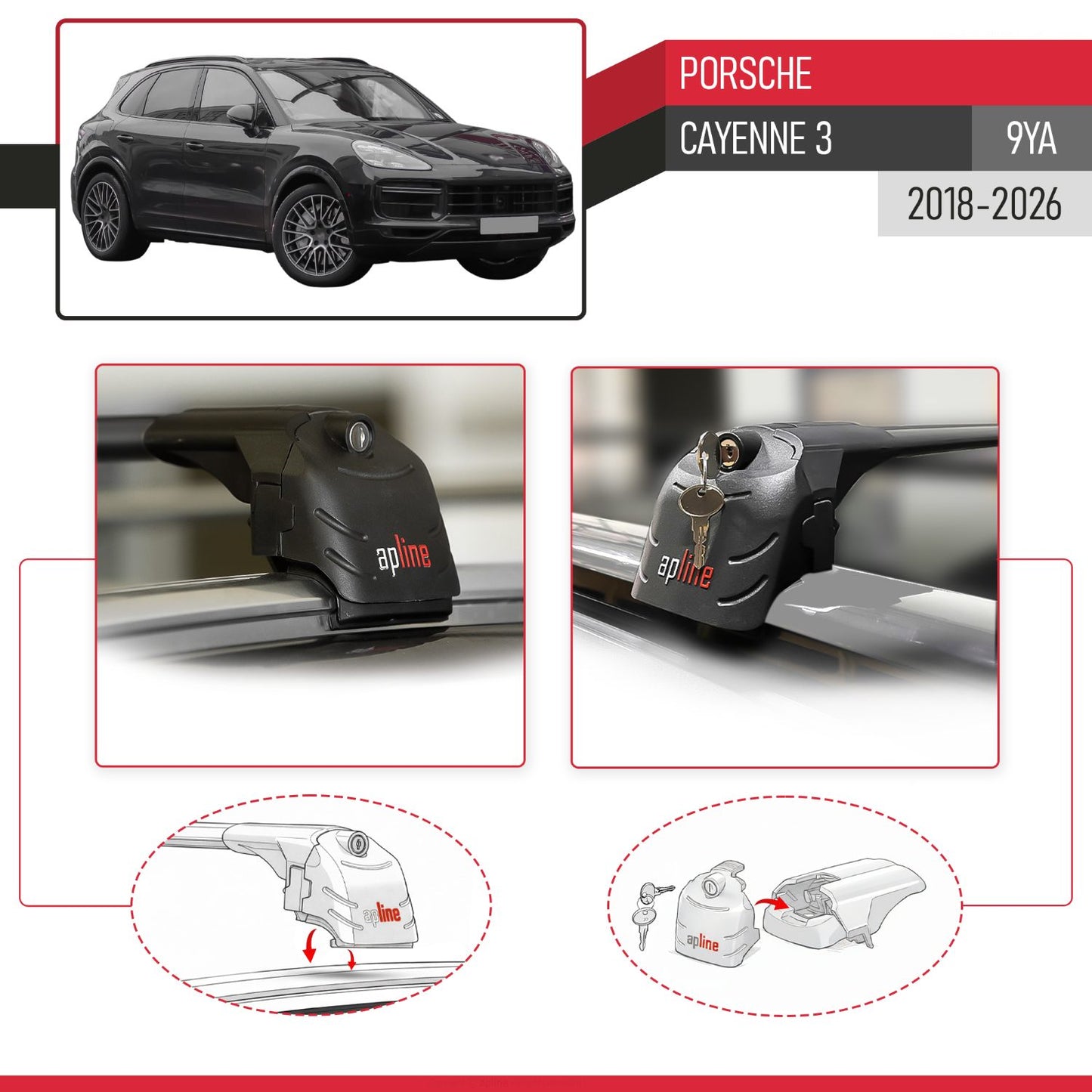 Compatible with Porsche Cayenne 3 (9YA) 2018-2025 ACE-2 Car Roof Rack Cross Bar Black Aluminium 2 Bars
