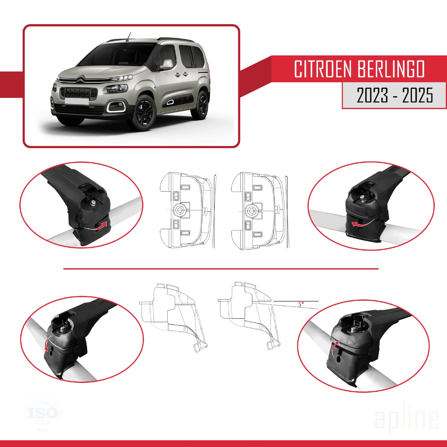 Compatibile con Citroen Berlingo 3 (K9) 2023-2025 ACE-2 Barre portatutto per auto Portapacchi in alluminio nero 2 barre