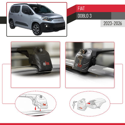 Compatible with Fiat Doblo 3 2023-2025 ACE-2 Car Roof Rack Cross Bar Black Aluminium 2 Bars