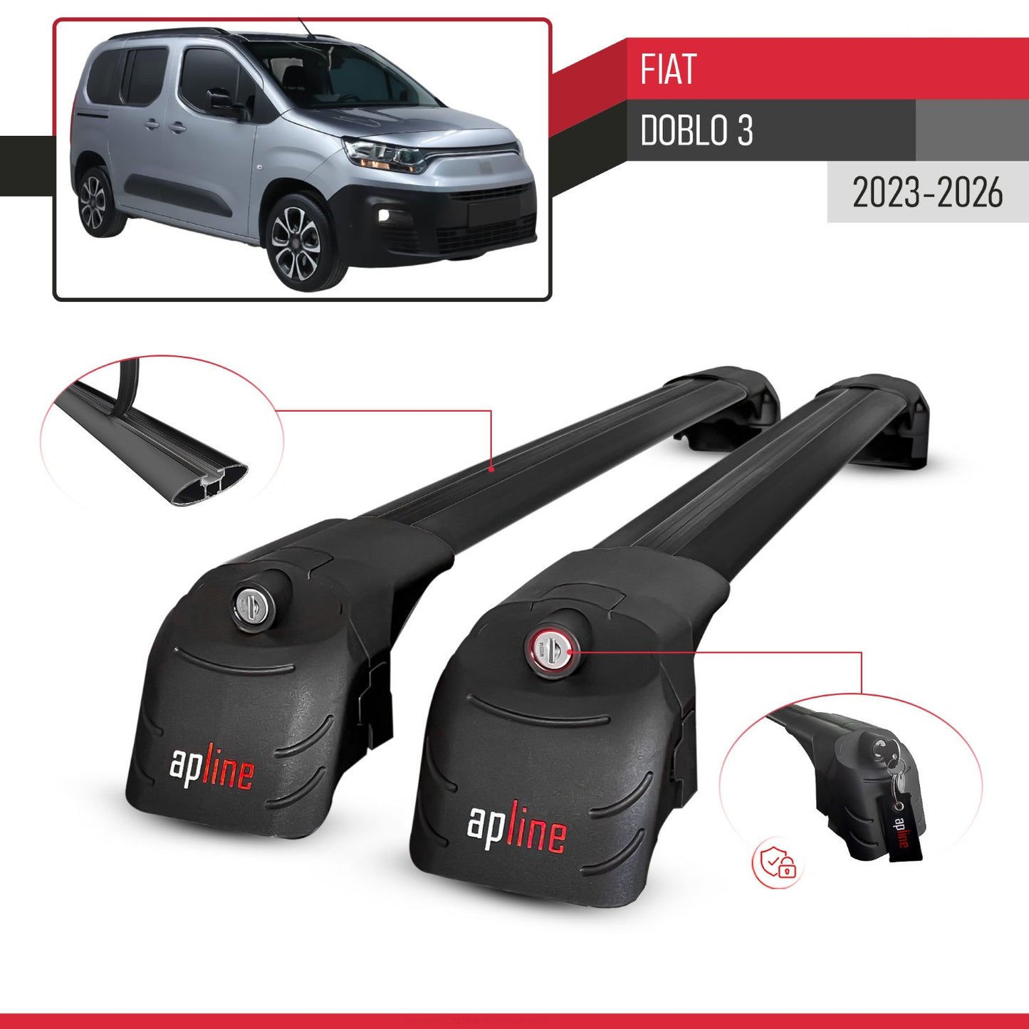 Compatible with Fiat Doblo 3 2023-2025 ACE-2 Car Roof Rack Cross Bar Black Aluminium 2 Bars