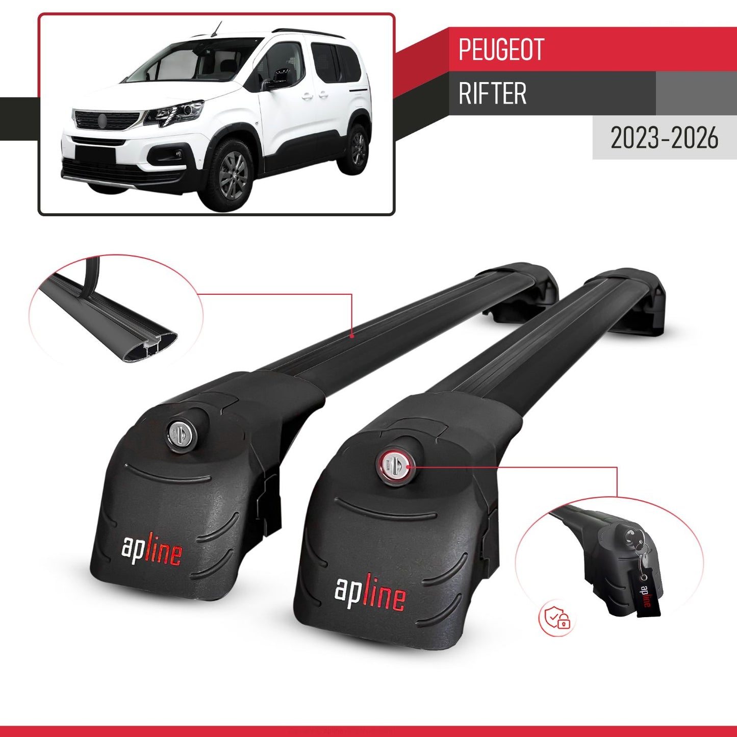 Compatible with Peugeot Rifter 2023-2024 ACE-2 Car Roof Rack Cross Bar Black Aluminium 2 Bars