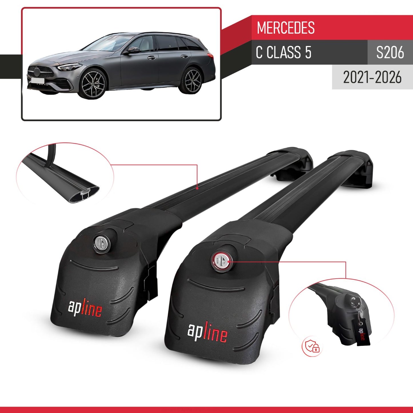 Compatible con Mercedes Clase C 5 (S206) 2022-2025 ACE-2 Barras de Techo Auto Portaequipajes Barras Transversales Negro Aluminio 2 Barras