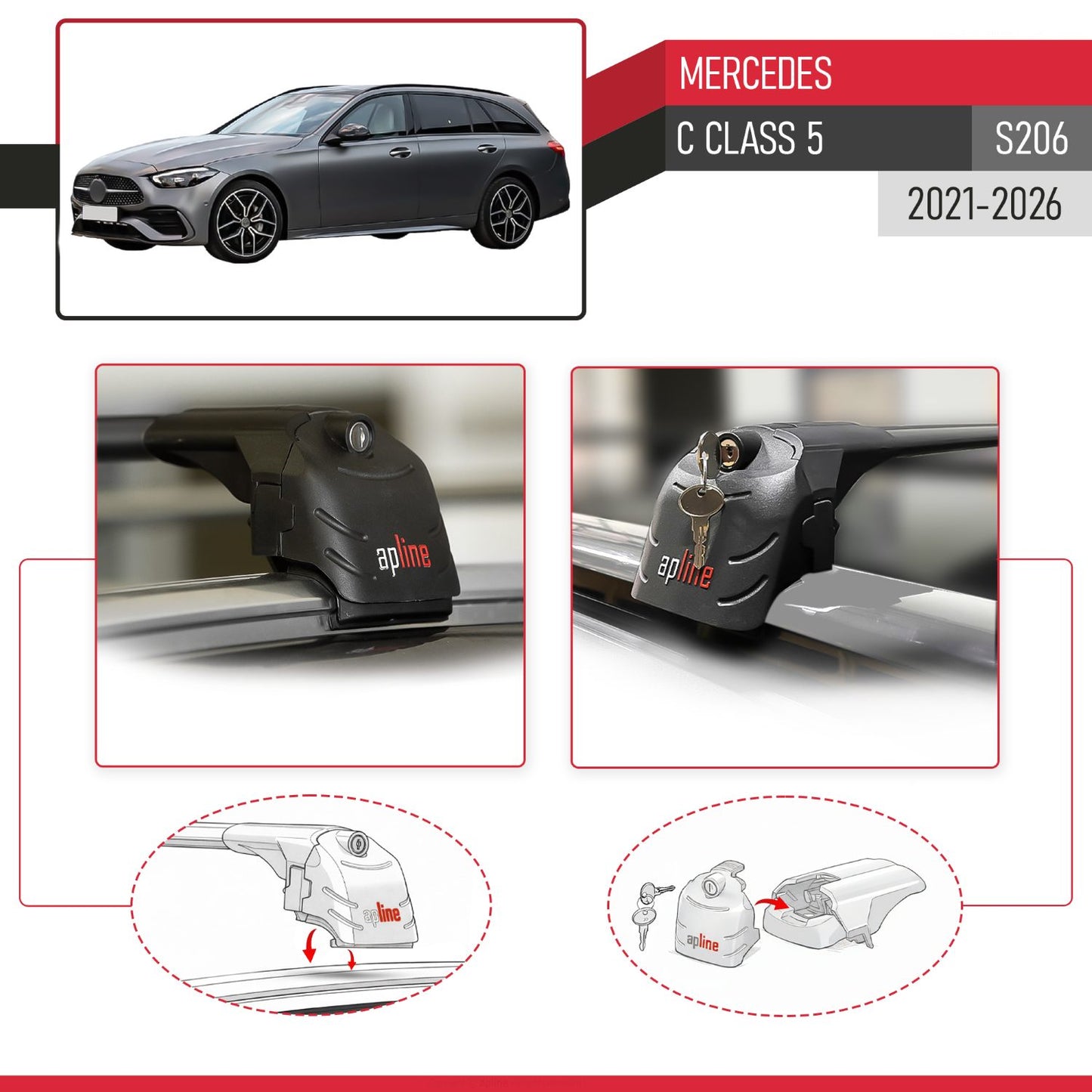 Compatible con Mercedes Clase C 5 (S206) 2022-2025 ACE-2 Barras de Techo Auto Portaequipajes Barras Transversales Negro Aluminio 2 Barras