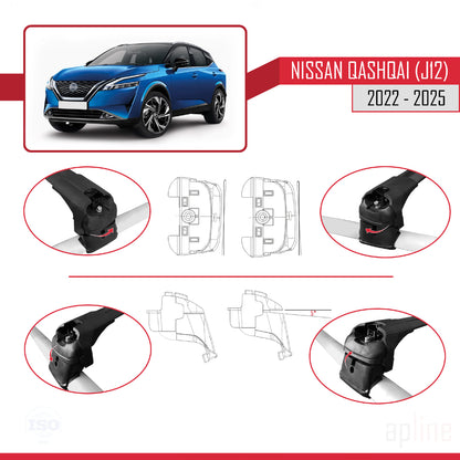 Compatible avec Nissan Qashqai 3 (J12) 2022-2025 ACE-2 Barres de Toit Railing Porte-Bagages de Voiture Noir Aluminium 2 Barres