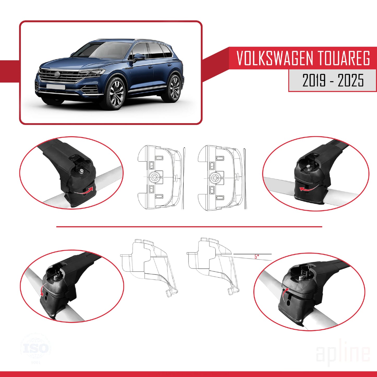 Compatible avec Volkswagen Touareg 3 (CR) 2019-2025 ACE-2 Barres de Toit Railing Porte-Bagages de Voiture Noir Aluminium 2 Barres