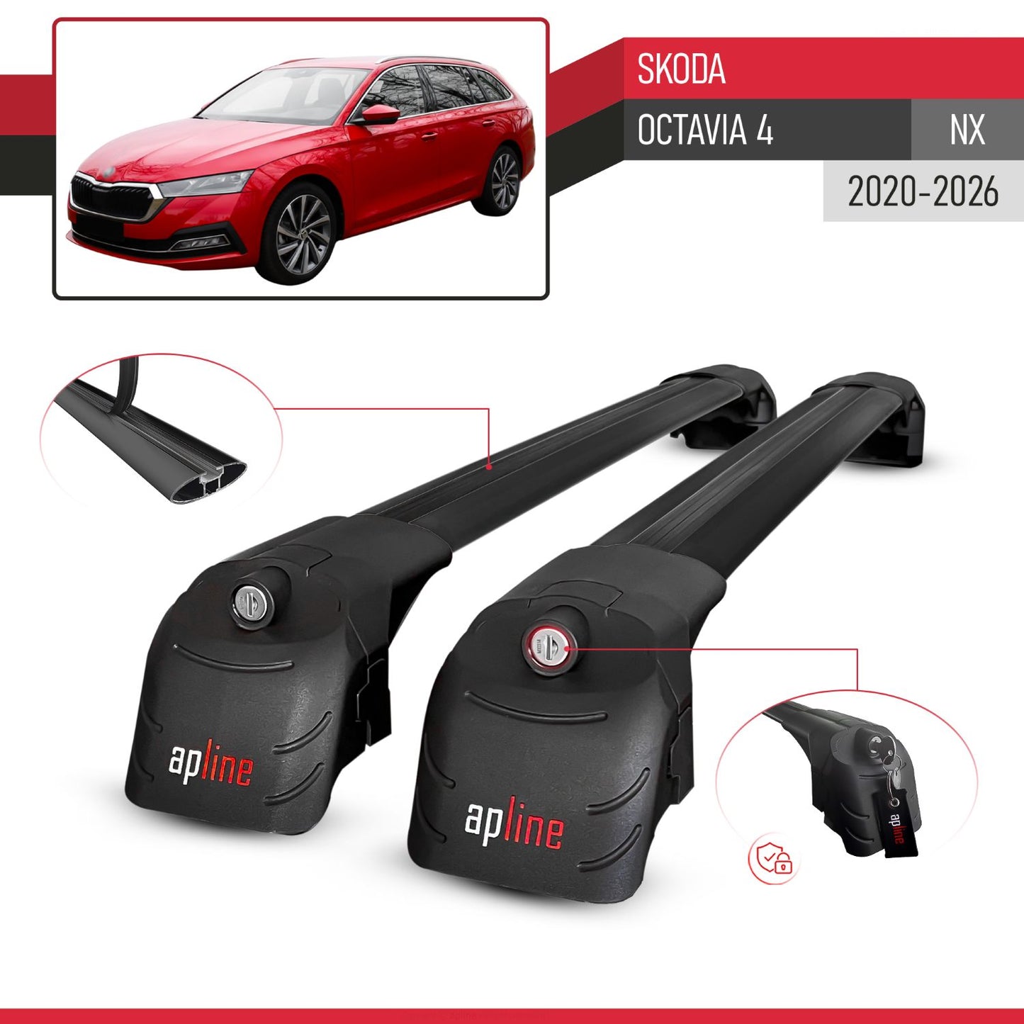 Compatible con Skoda Octavia 4 (NX) 2020-2025 ACE-2 Barras de Techo Auto Portaequipajes Barras Transversales Negro Aluminio 2 Barras