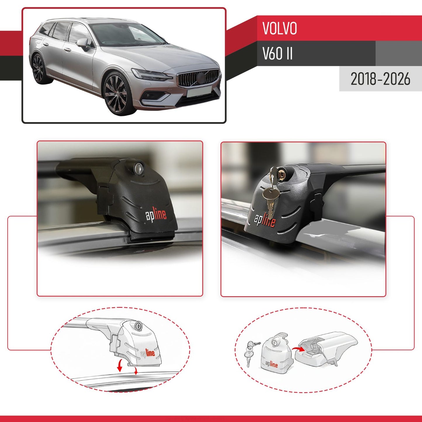 Compatible con Volvo V60 II 2019-2025 ACE-2 Barras de Techo Auto Portaequipajes Barras Transversales Negro Aluminio 2 Barras