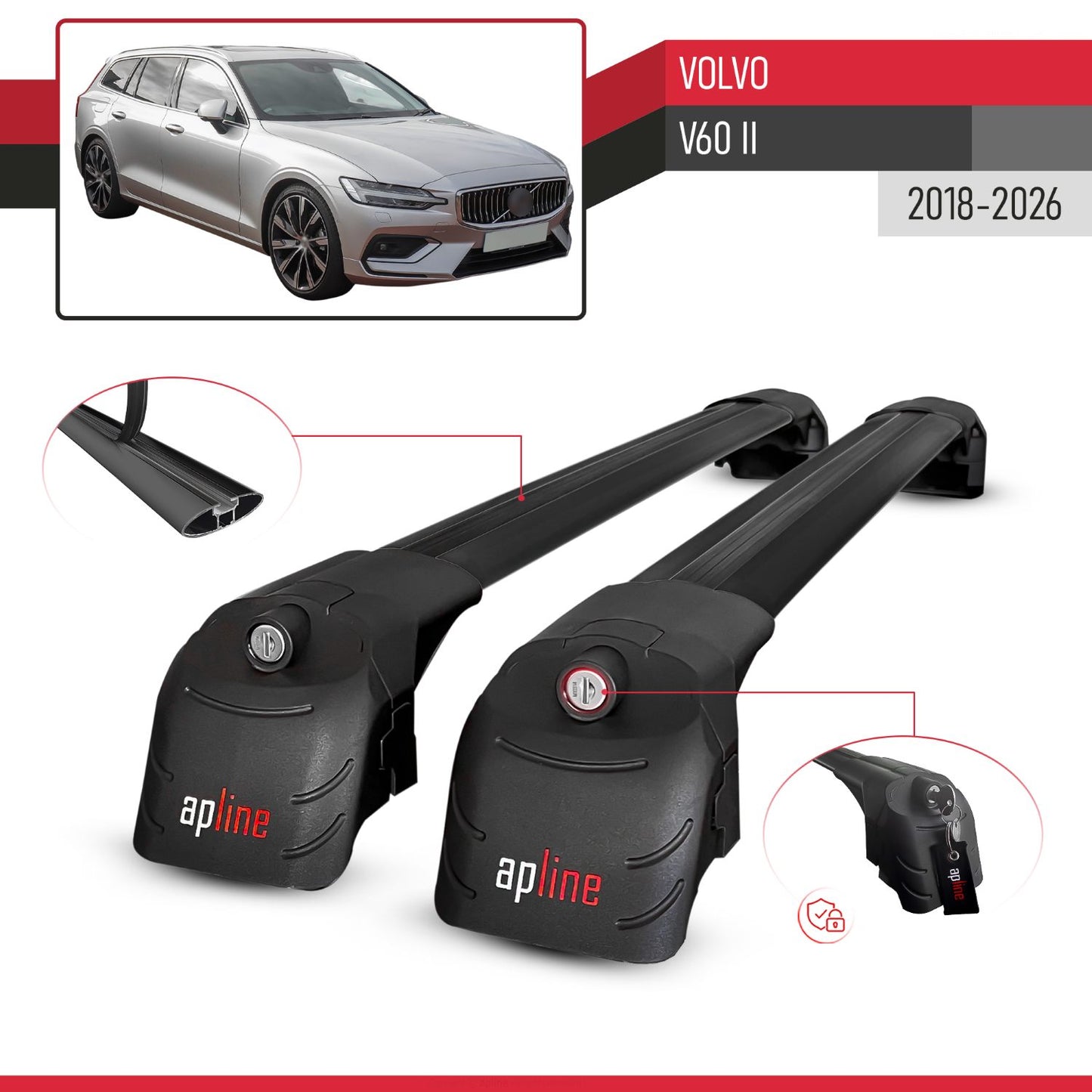 Compatible con Volvo V60 II 2019-2025 ACE-2 Barras de Techo Auto Portaequipajes Barras Transversales Negro Aluminio 2 Barras