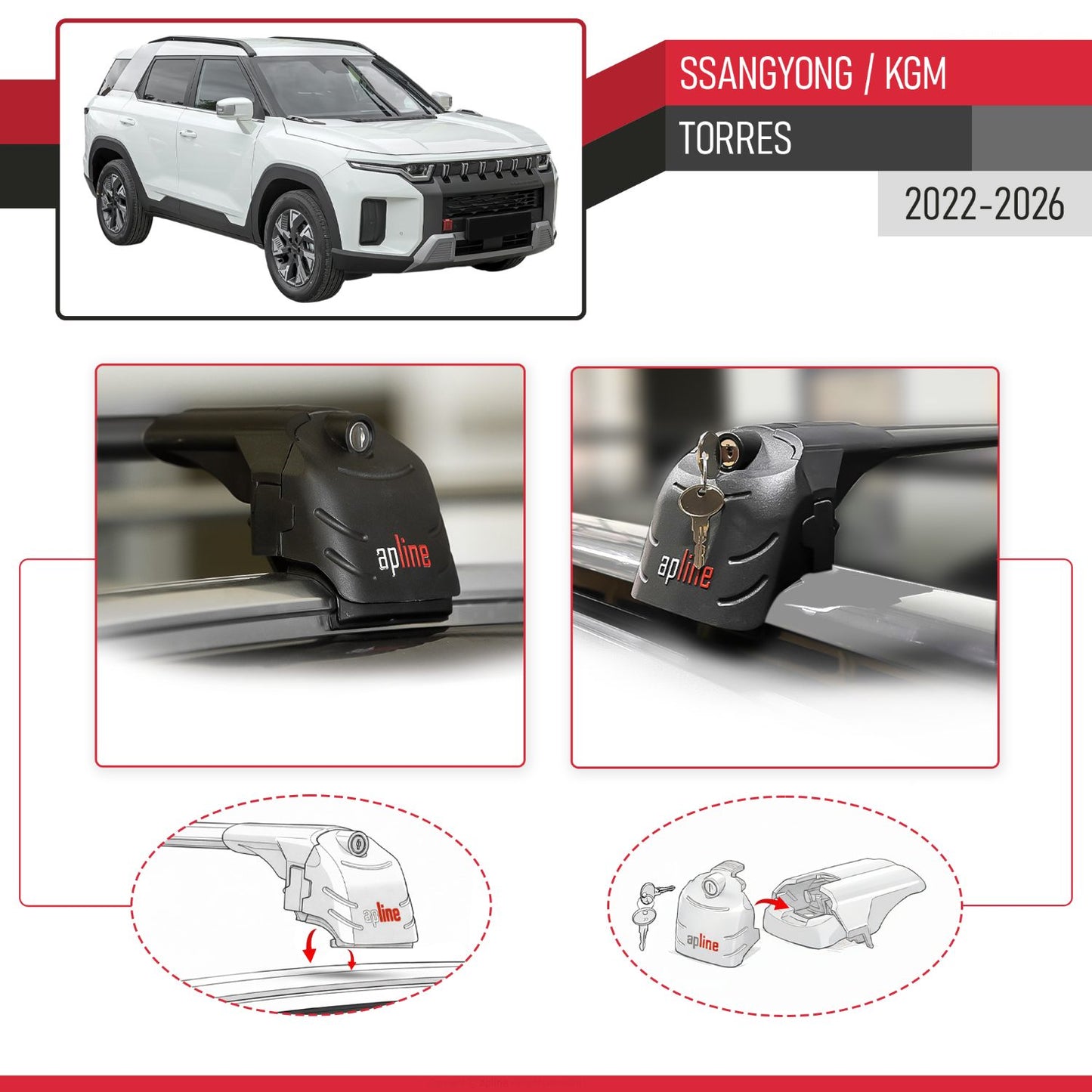 Compatible con SsangYong Torres 2022-2025 ACE-2 Barras de Techo Auto Portaequipajes Barras Transversales Negro Aluminio 2 Barras