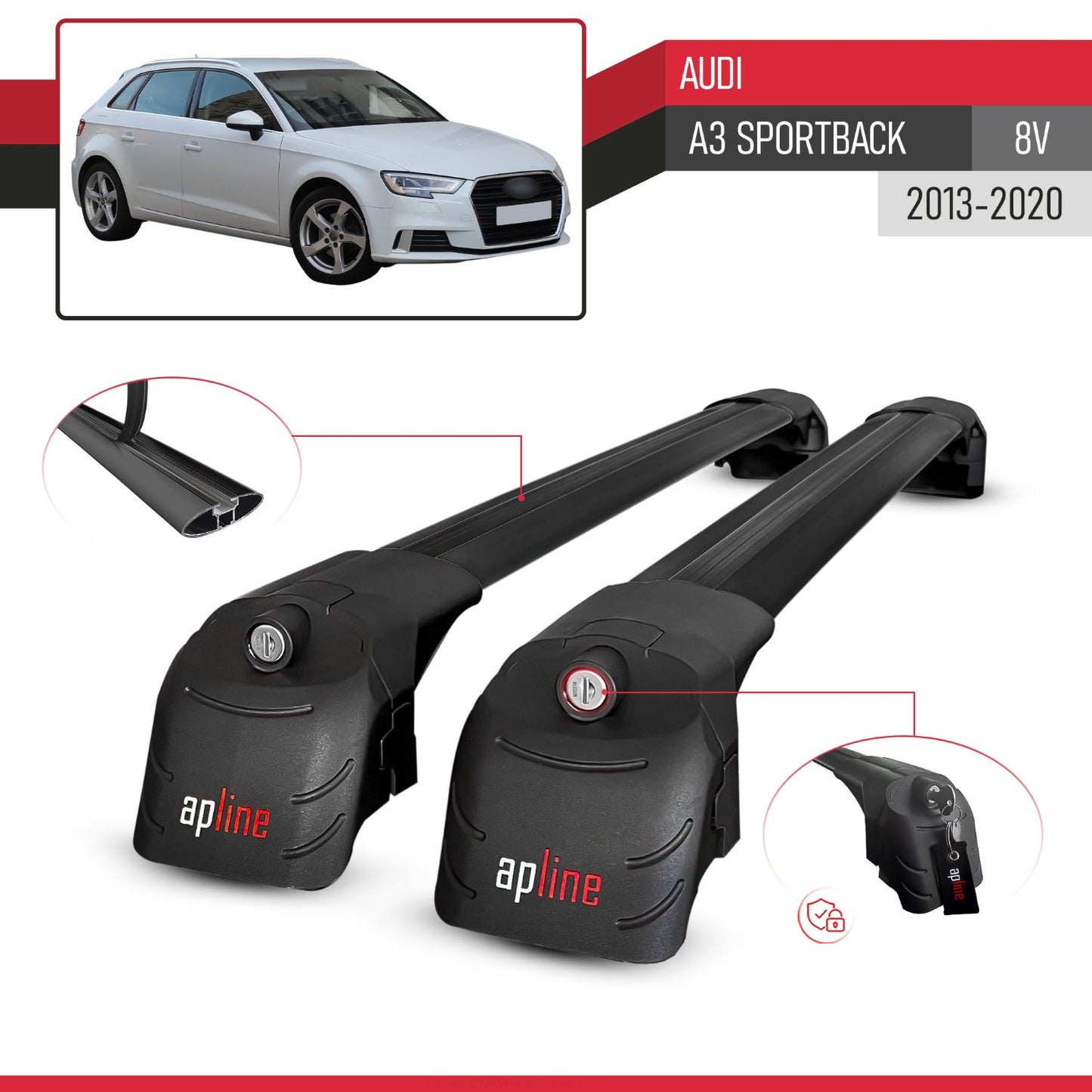 Compatible con Audi A3 Sportback 2015-2020 ACE-2 Barras de Techo Auto Portaequipajes Barras Transversales Negro Aluminio 2 Barras