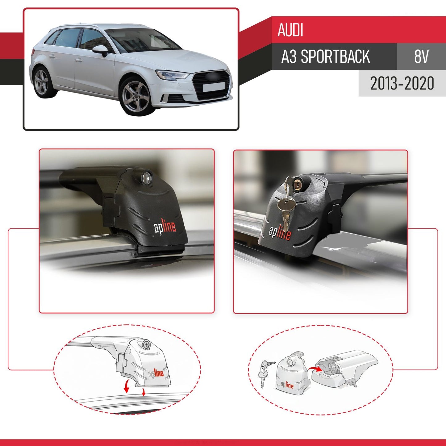 Compatible con Audi A3 Sportback 2015-2020 ACE-2 Barras de Techo Auto Portaequipajes Barras Transversales Negro Aluminio 2 Barras