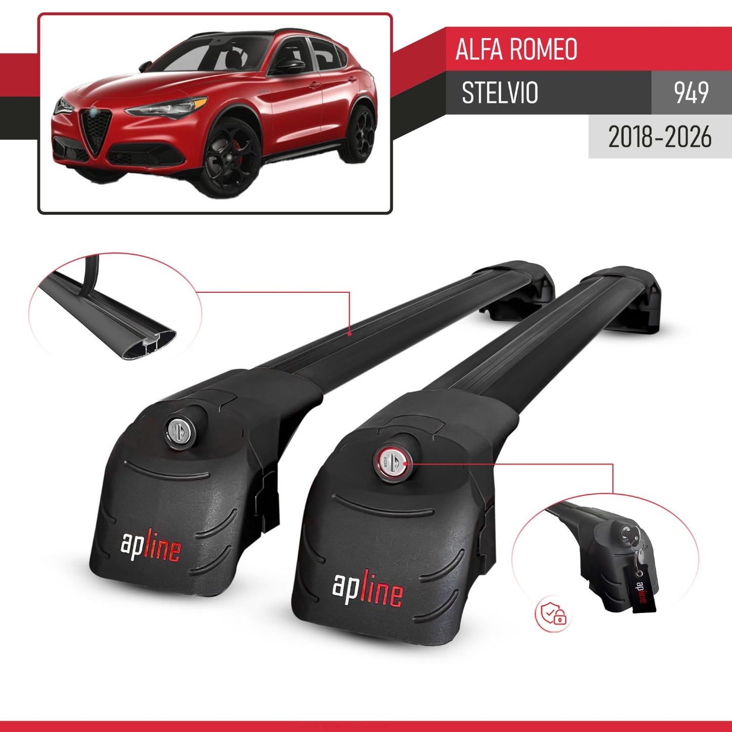 Compatible con Alfa Romeo Stelvio 2018-2024 ACE-2 Barras de Techo Auto Portaequipajes Barras Transversales Negro Aluminio 2 Barras