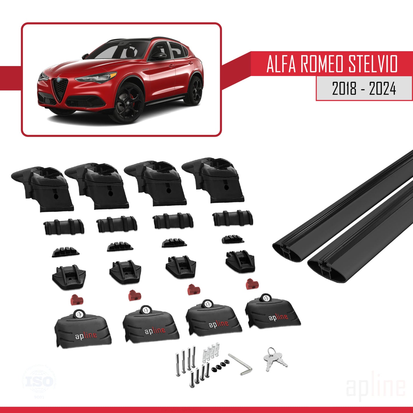 Compatible avec Alfa Romeo Stelvio 2018-2024 ACE-2 Barres de Toit Railing Porte-Bagages de Voiture Noir Aluminium 2 Barres