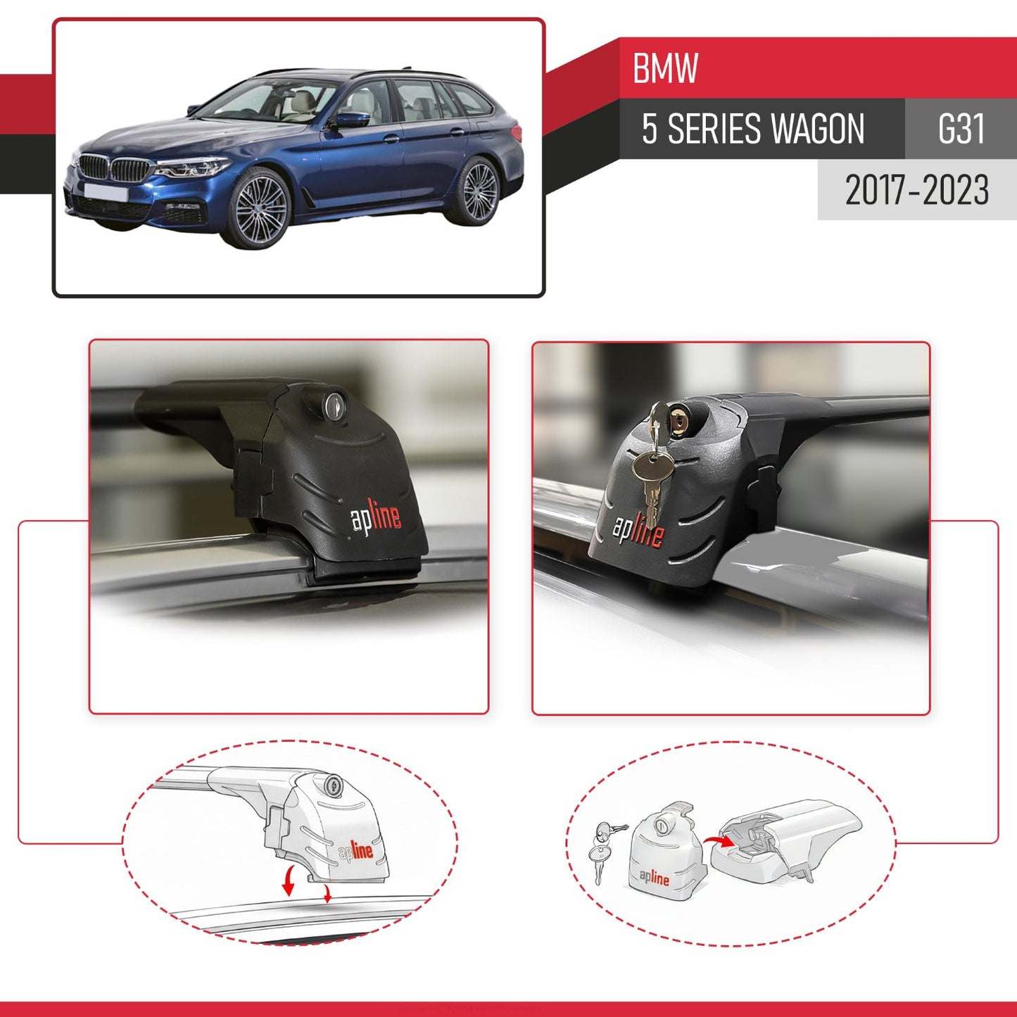 Compatible con BMW 5 Series G31 Wagon 2017-2023 ACE-2 Barras de Techo Auto Portaequipajes Barras Transversales Negro Aluminio 2 Barras