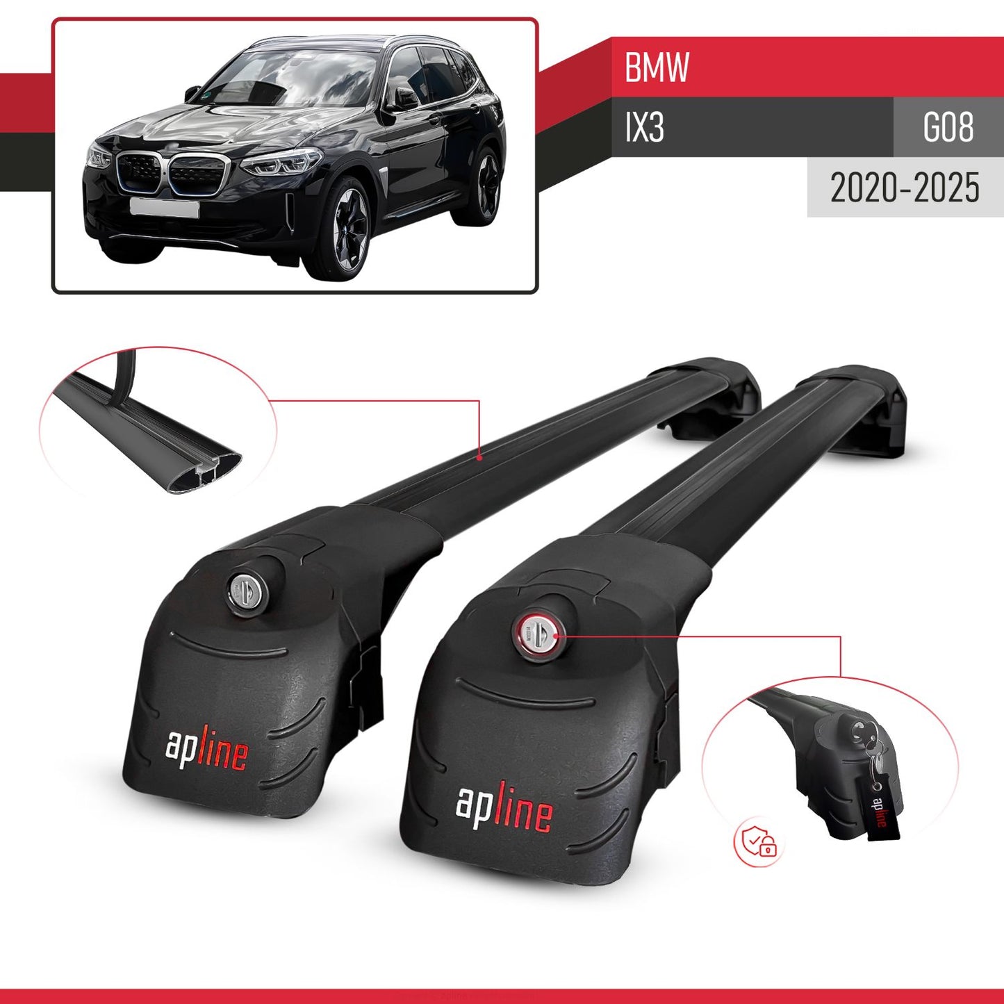 Compatible con BMW iX3 G08 2021-2024 ACE-2 Barras de Techo Auto Portaequipajes Barras Transversales Negro Aluminio 2 Barras