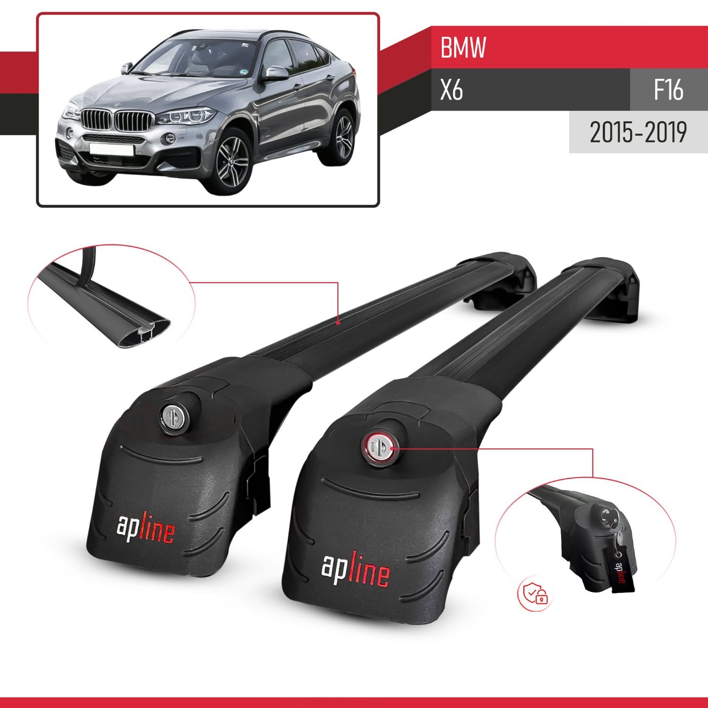 Compatible con BMW X6 (F16) 2015-2019 ACE-2 Barras de Techo Auto Portaequipajes Barras Transversales Negro Aluminio 2 Barras
