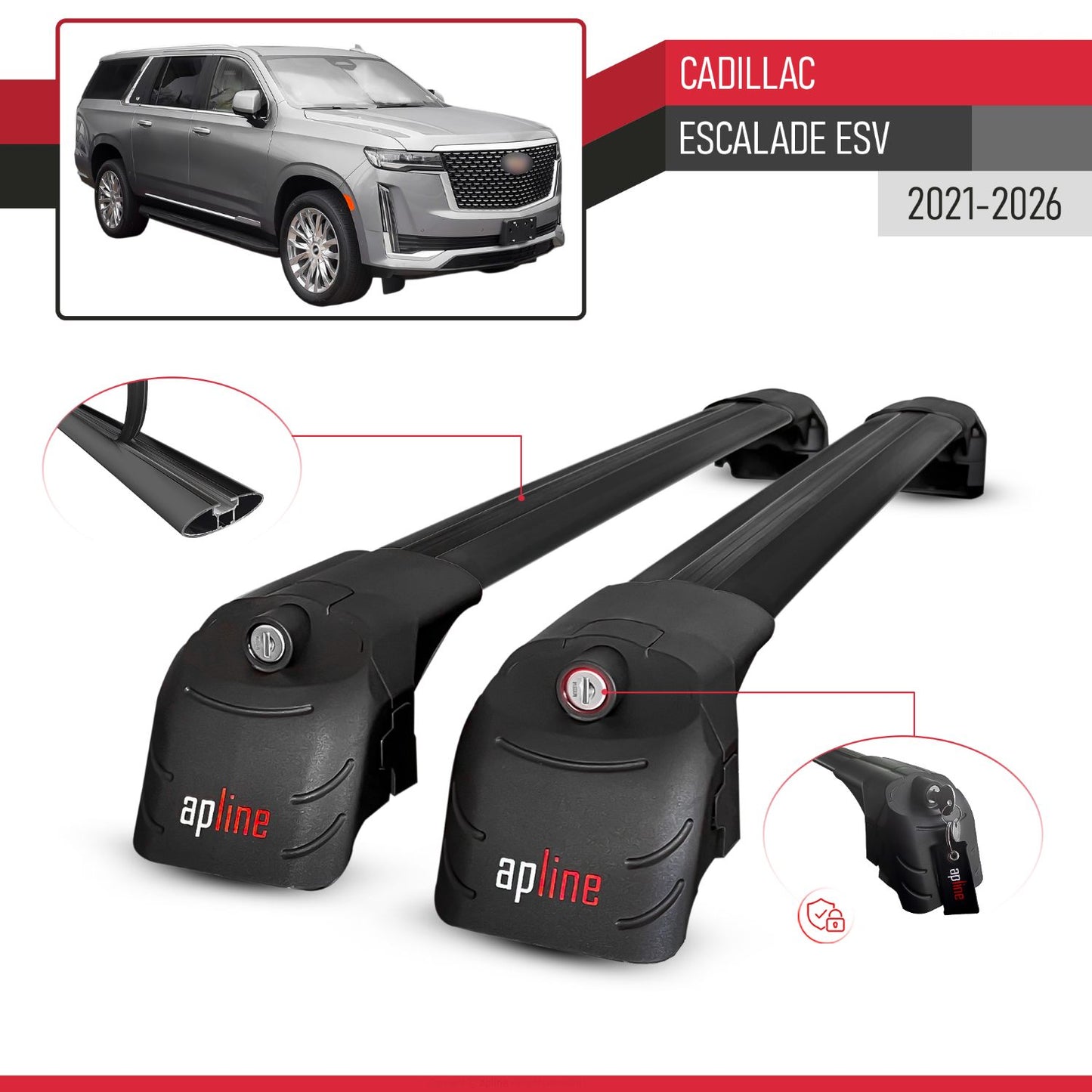 Compatible con Cadillac Escalade ESV 2021-2024 ACE-2 Barras de Techo Auto Portaequipajes Barras Transversales Negro Aluminio 2 Barras