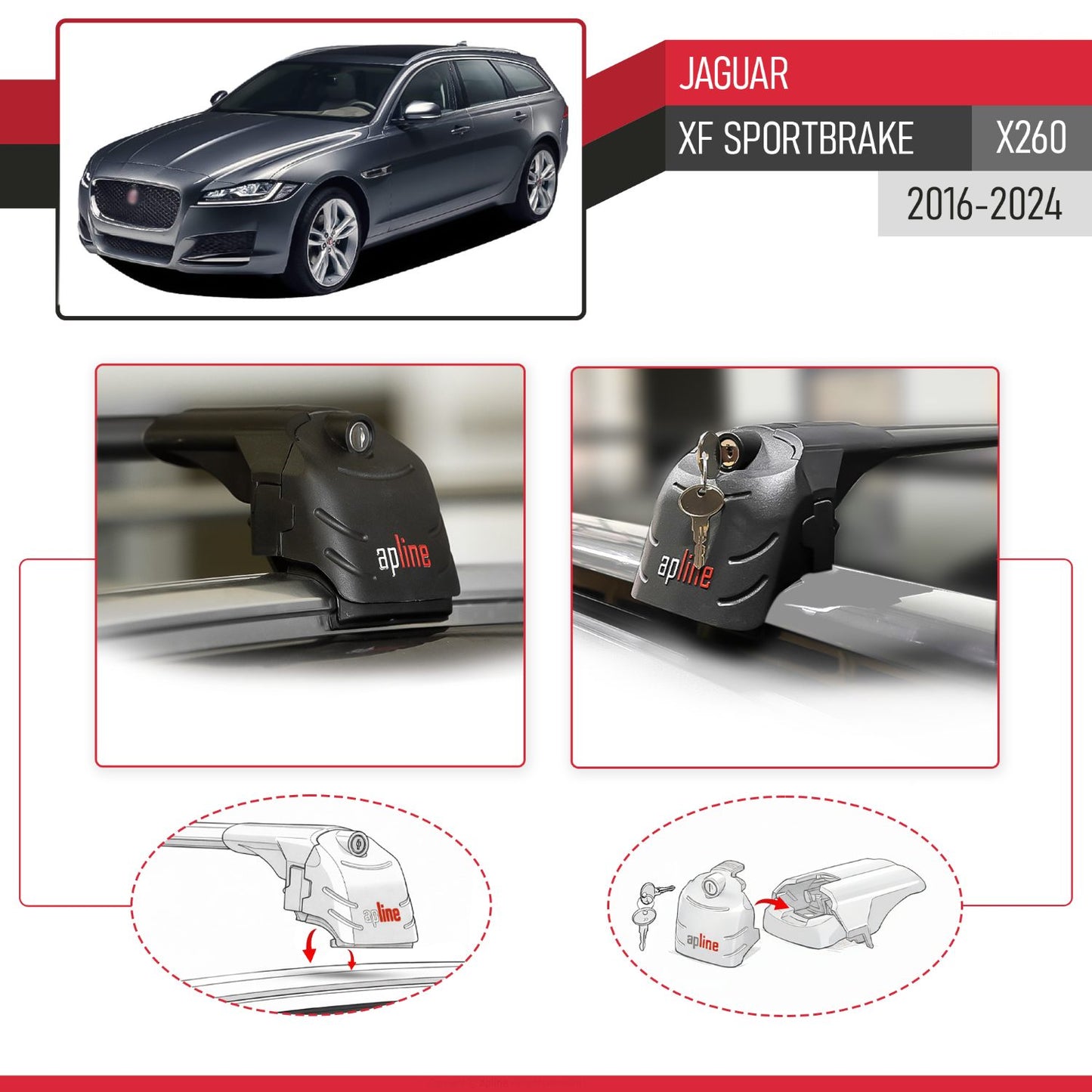 Compatible con Jaguar XF S 2018-2024 ACE-2 Barras de Techo Auto Portaequipajes Barras Transversales Negro Aluminio 2 Barras