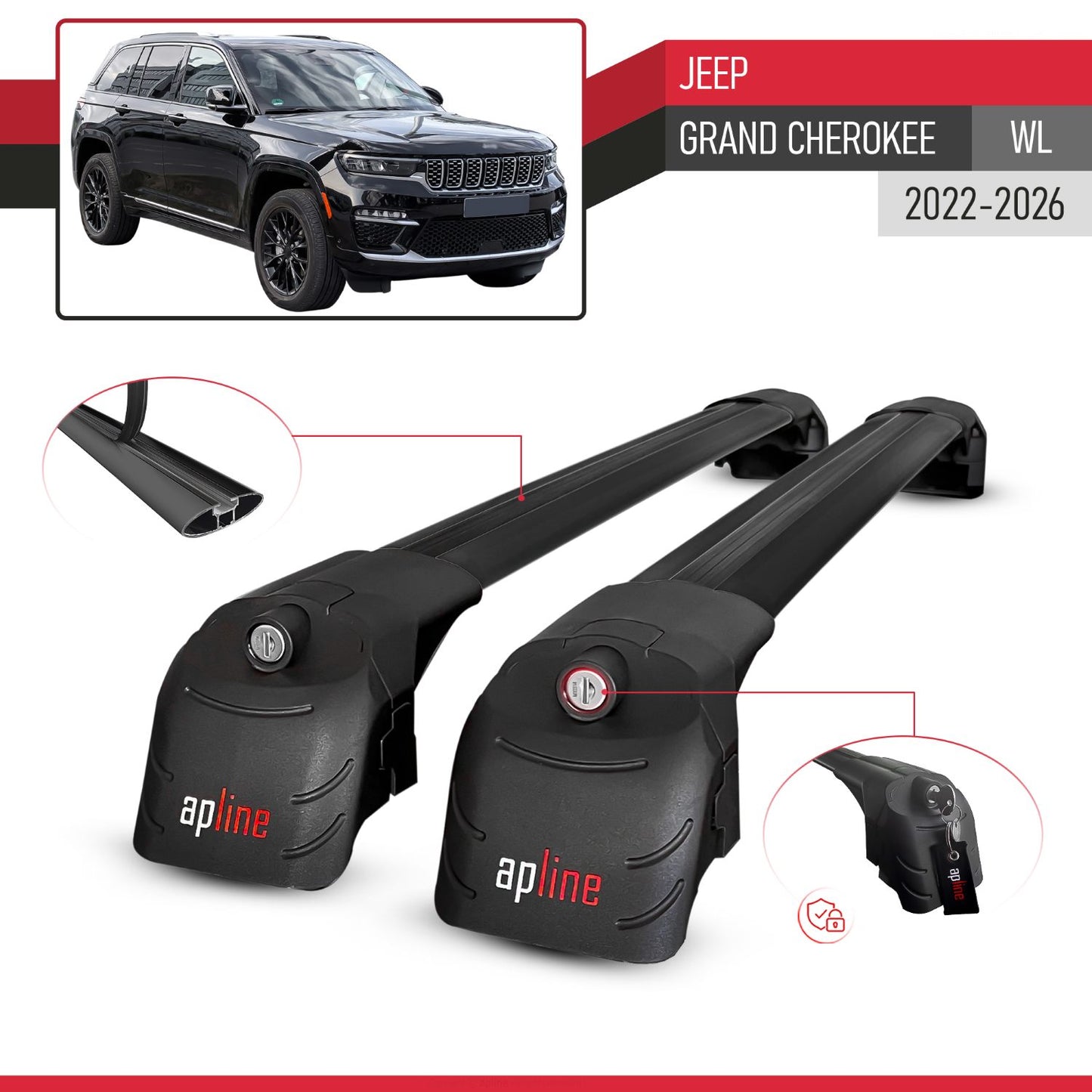 Compatible con Jeep Grand Cherokee 2022-2024 ACE-2 Barras de Techo Auto Portaequipajes Barras Transversales Negro Aluminio 2 Barras