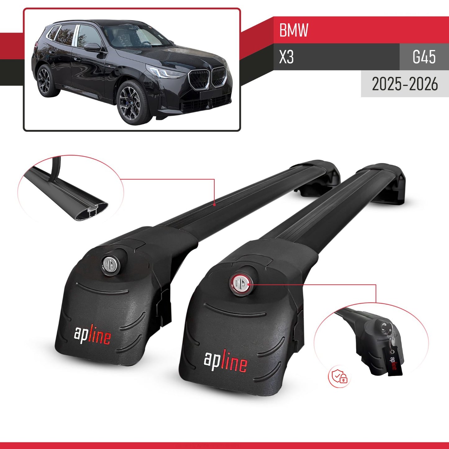 Compatible con BMW X3 (G45) 2025 ACE-2 Barras de Techo Auto Portaequipajes Barras Transversales Negro Aluminio 2 Barras