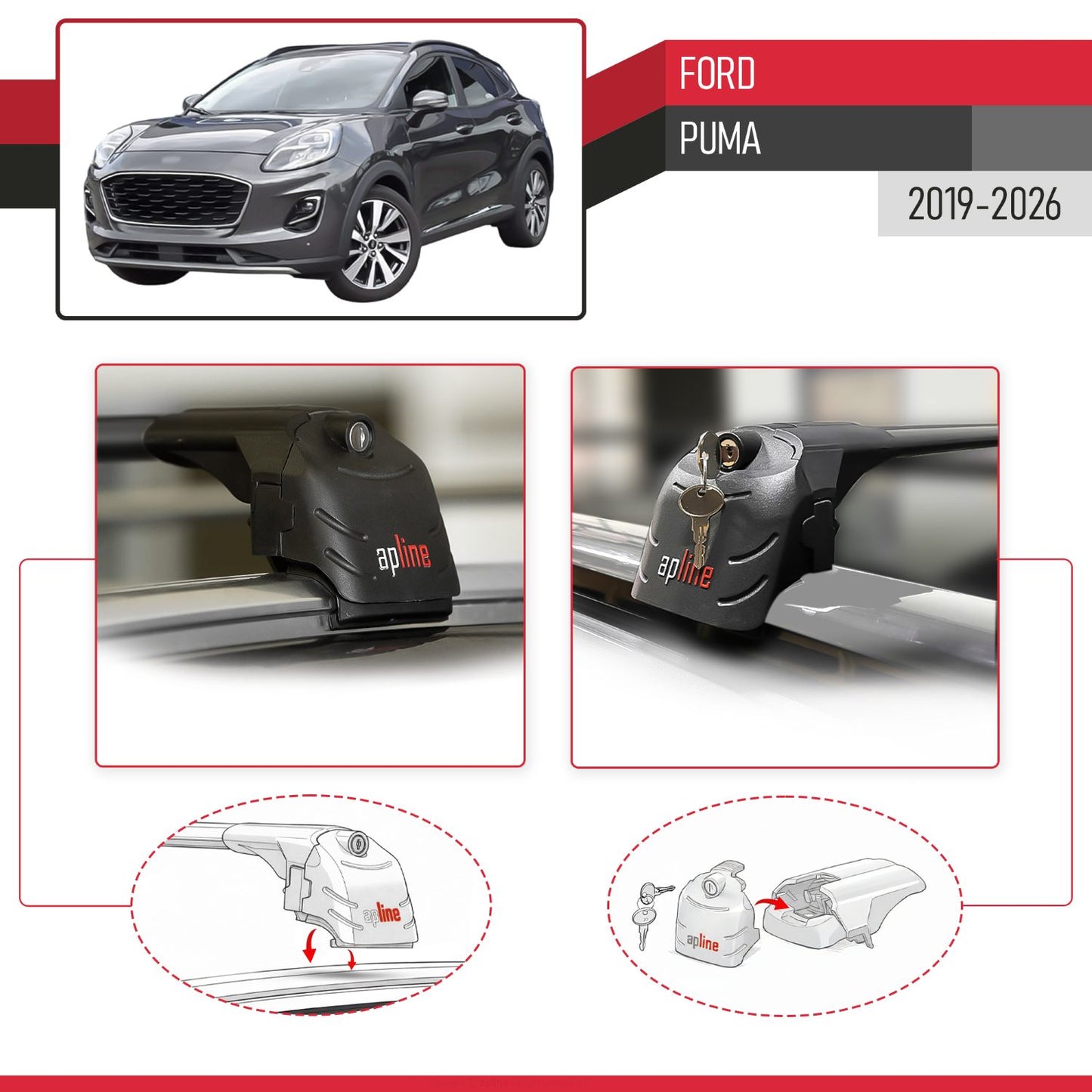 Compatible con Ford Puma 2019-2024 ACE-2 Barras de Techo Auto Portaequipajes Barras Transversales Negro Aluminio 2 Barras