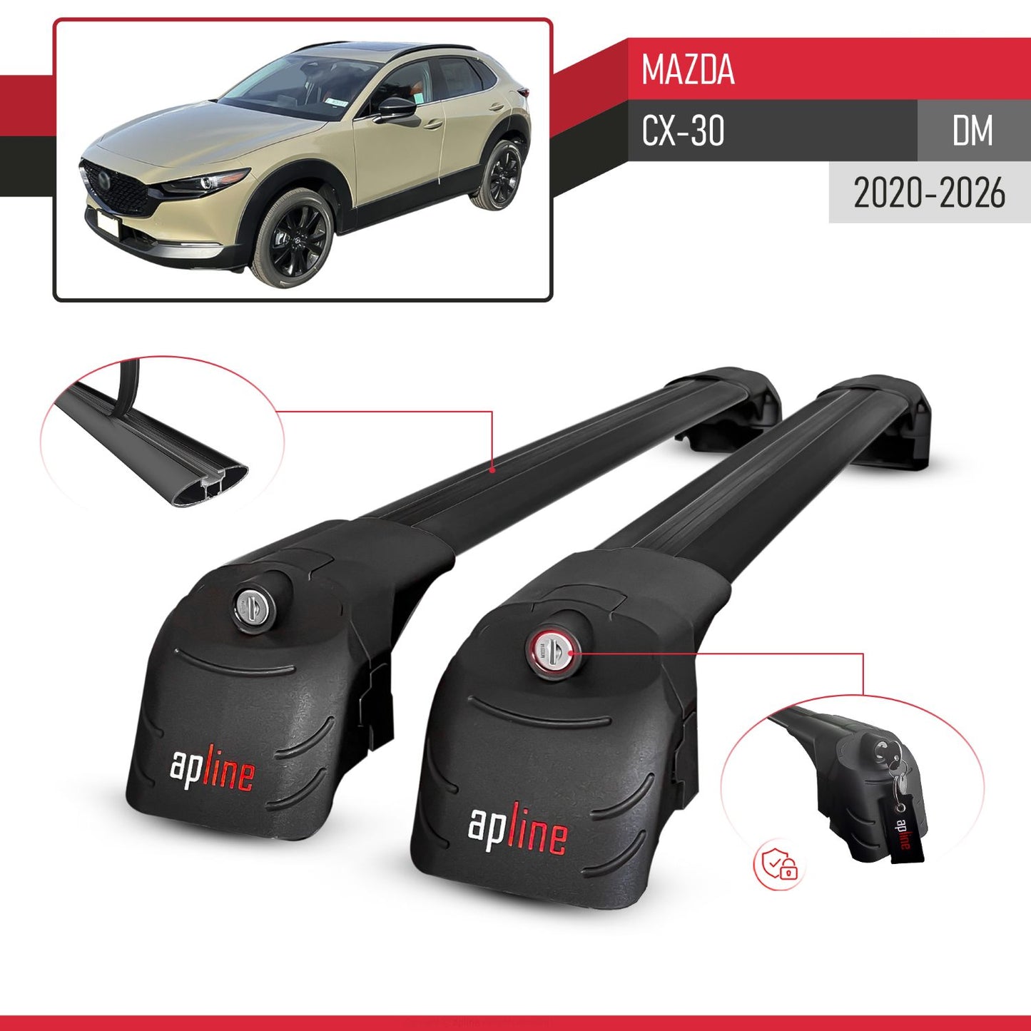 Compatible con Mazda CX-30 2020-2025 ACE-2 Barras de Techo Auto Portaequipajes Barras Transversales Negro Aluminio 2 Barras