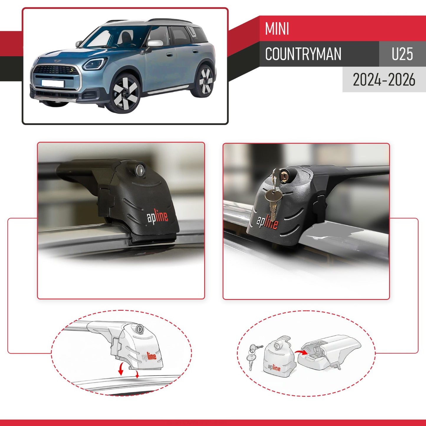 Compatible con Mini Countryman 2024-2025 ACE-2 Barras de Techo Auto Portaequipajes Barras Transversales Negro Aluminio 2 Barras