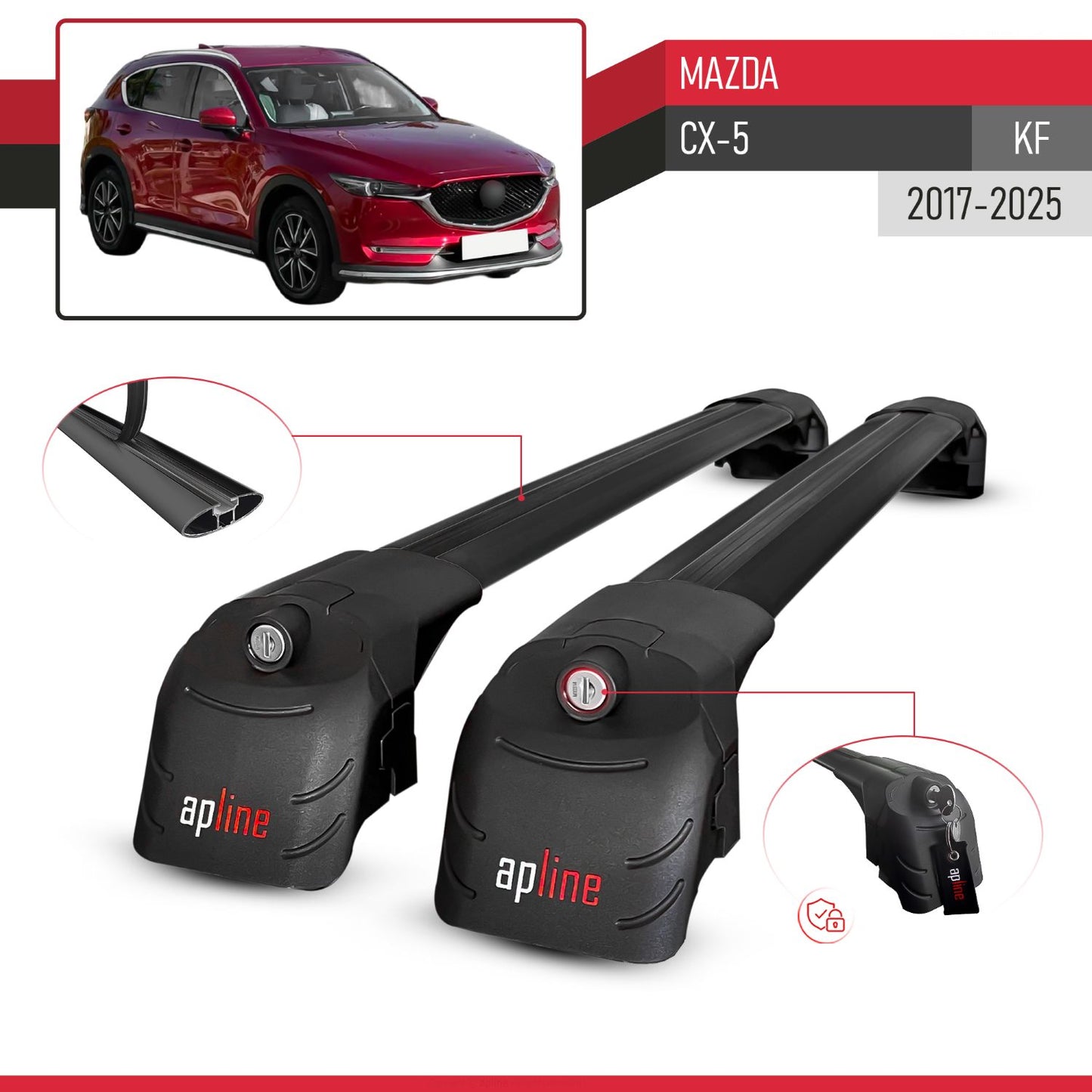 Compatible con Mazda CX-5 2017-2025 ACE-2 Barras de Techo Auto Portaequipajes Barras Transversales Negro Aluminio 2 Barras
