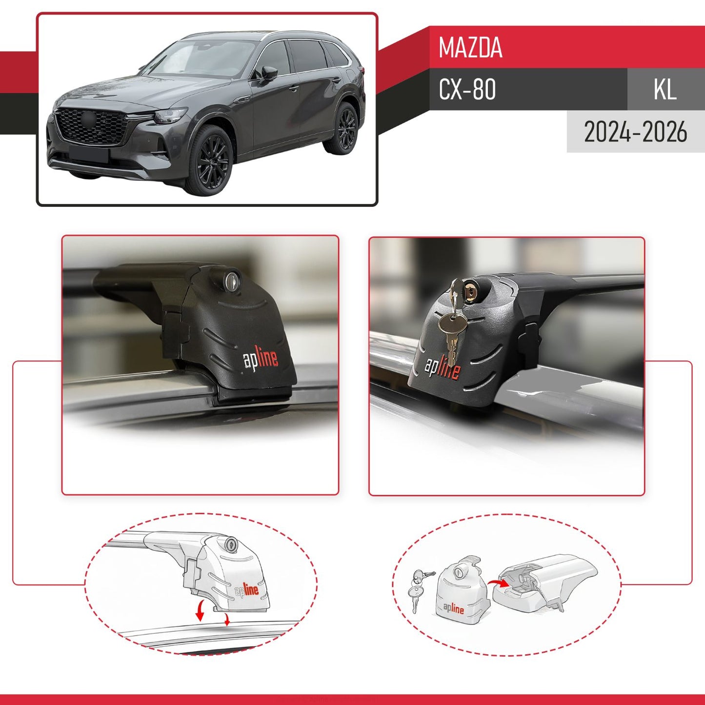 Compatible con Mazda CX-80 2024-2025 ACE-2 Barras de Techo Auto Portaequipajes Barras Transversales Negro Aluminio 2 Barras