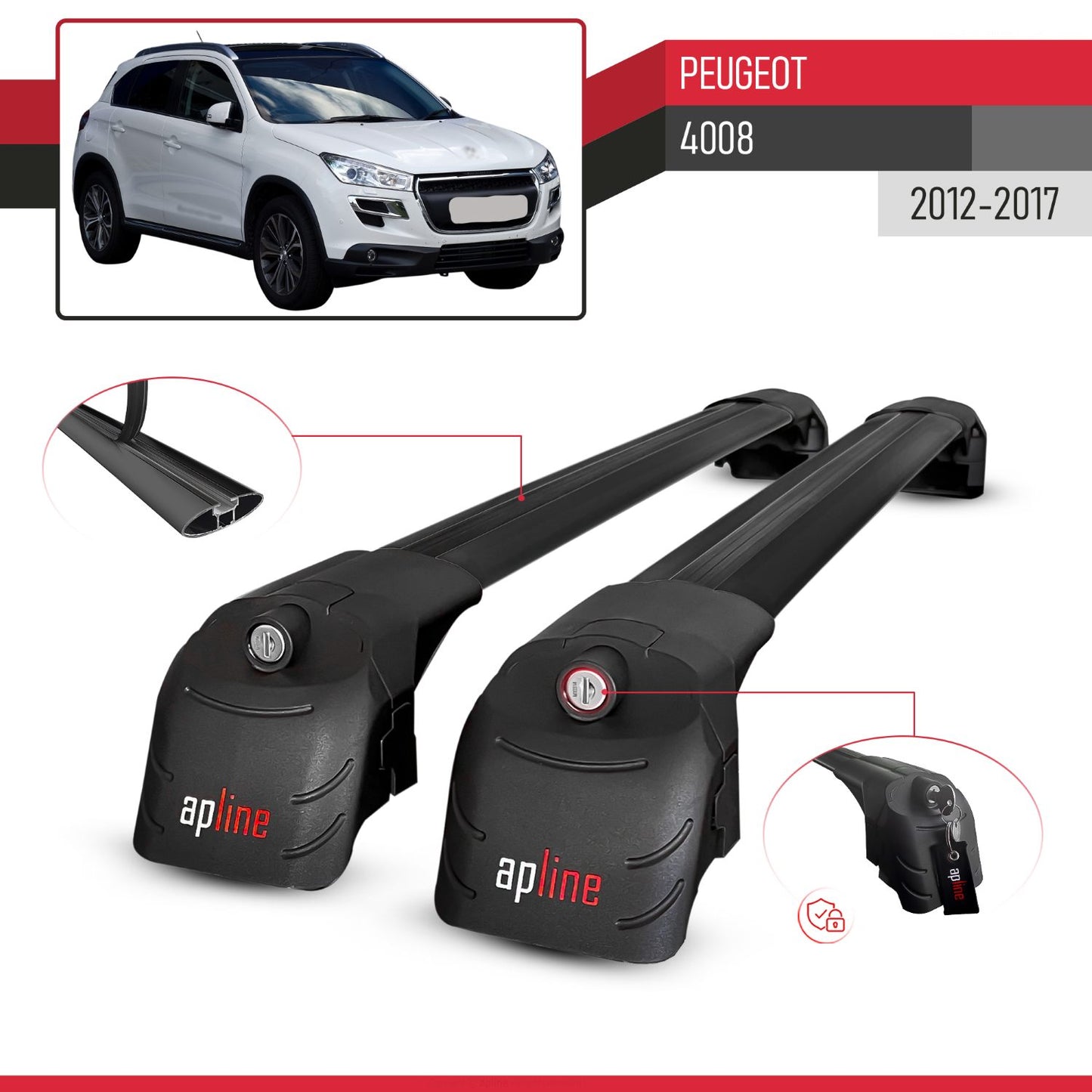Compatible con Peugeot 4008 2012-2017 ACE-2 Barras de Techo Auto Portaequipajes Barras Transversales Negro Aluminio 2 Barras
