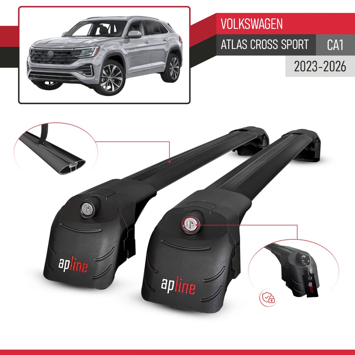 Compatible con Volkswagen Atlas Cross Sport 2023-2025 ACE-2 Barras de Techo Auto Portaequipajes Barras Transversales Negro Aluminio 2 Barras