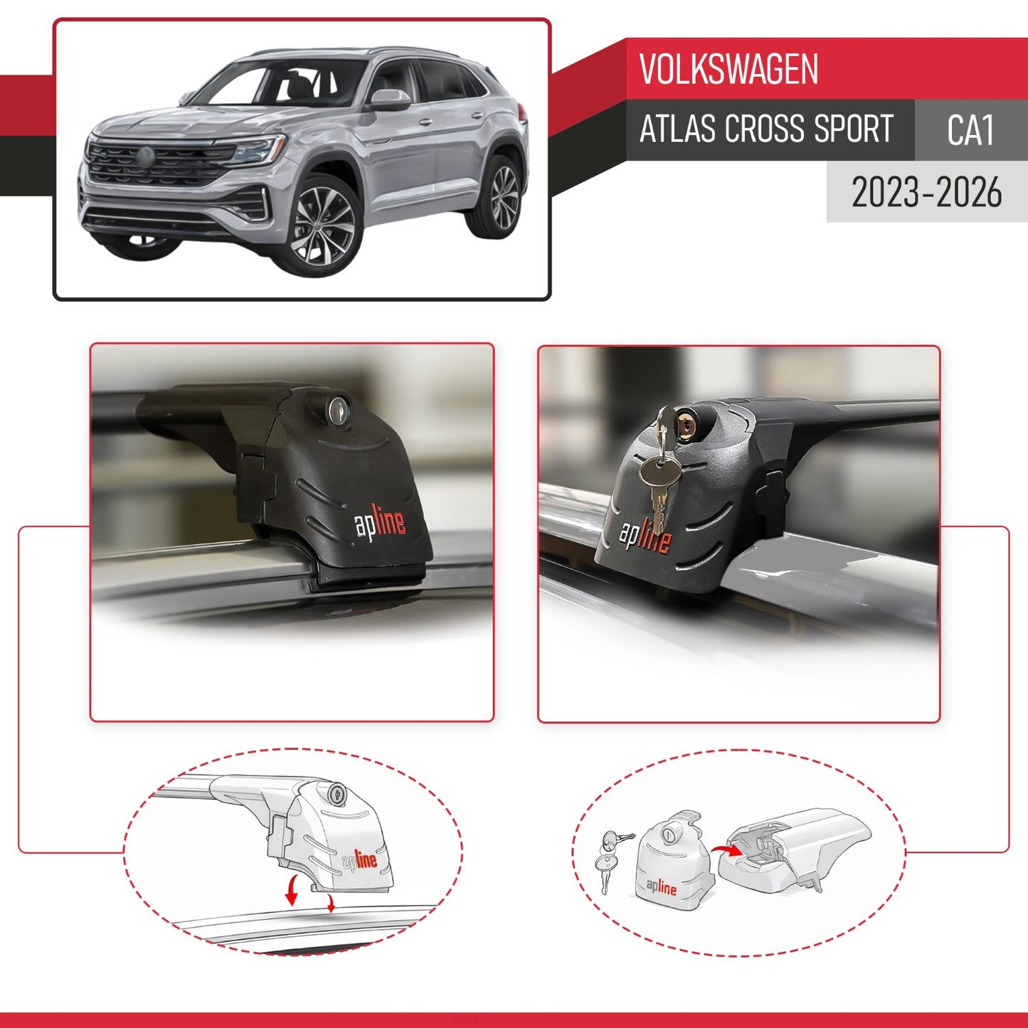 Compatible con Volkswagen Atlas Cross Sport 2023-2025 ACE-2 Barras de Techo Auto Portaequipajes Barras Transversales Negro Aluminio 2 Barras
