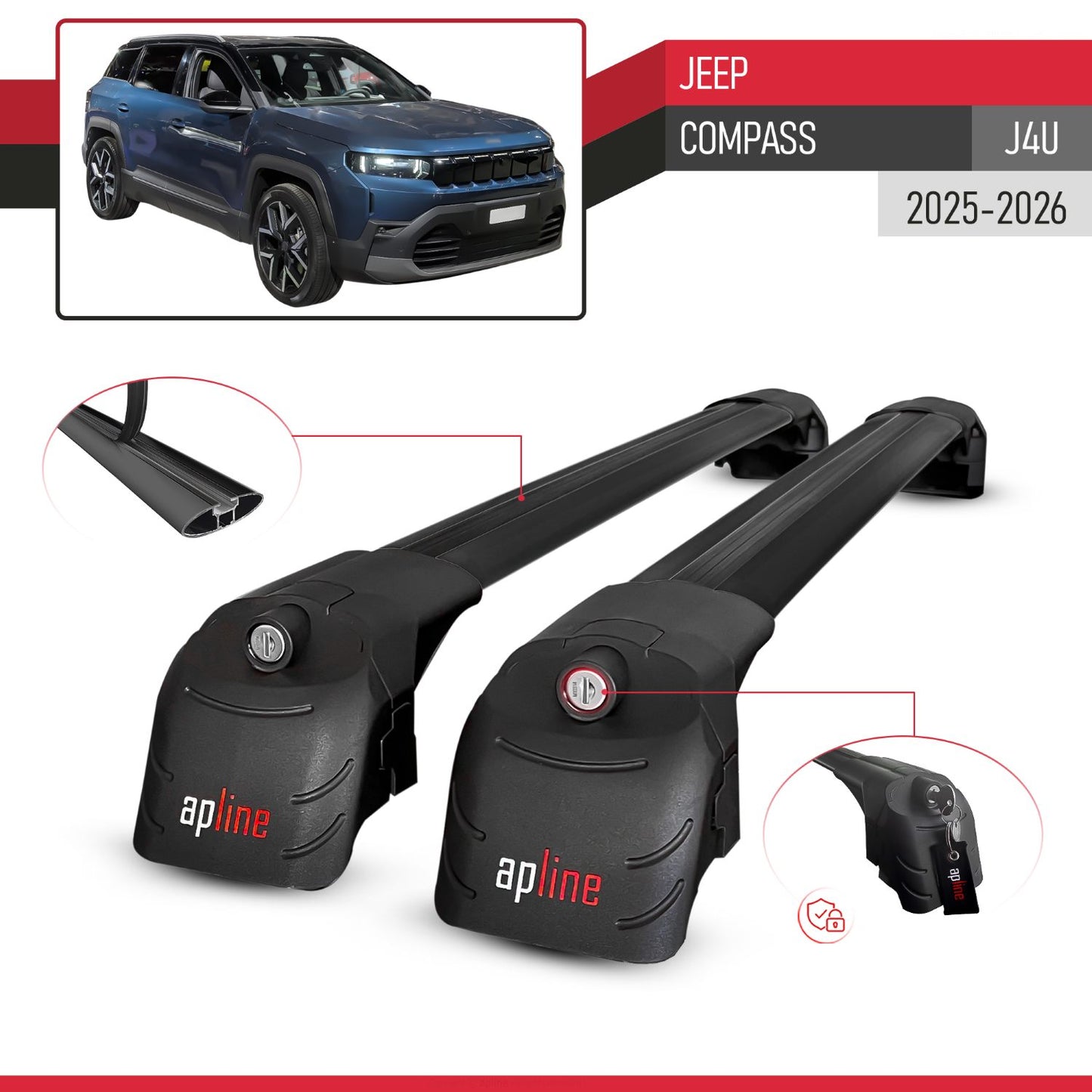 Compatible con Jeep Compass J4U 2025-2026 ACE-2 Barras de Techo Auto Portaequipajes Barras Transversales Negro Aluminio 2 Barras