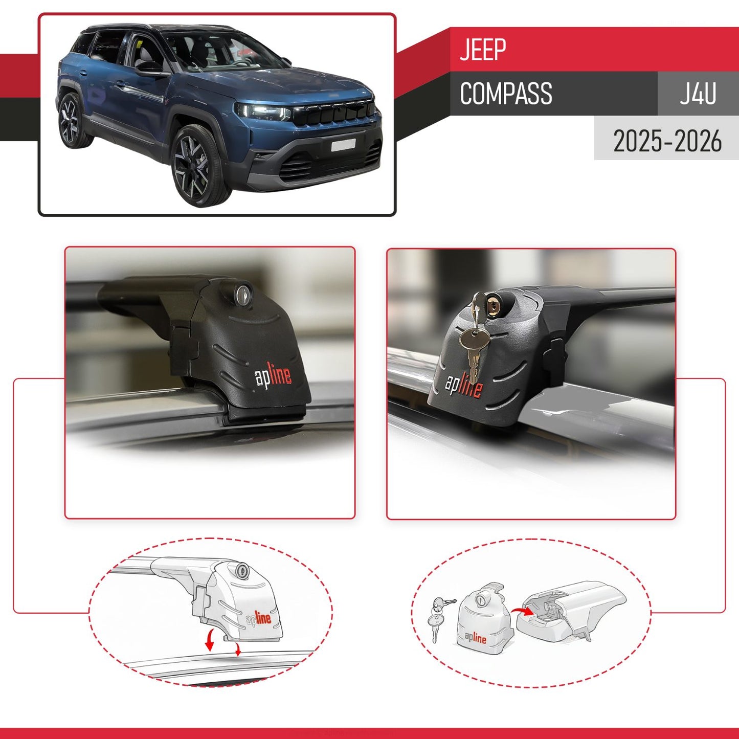 Compatible con Jeep Compass J4U 2025-2026 ACE-2 Barras de Techo Auto Portaequipajes Barras Transversales Negro Aluminio 2 Barras