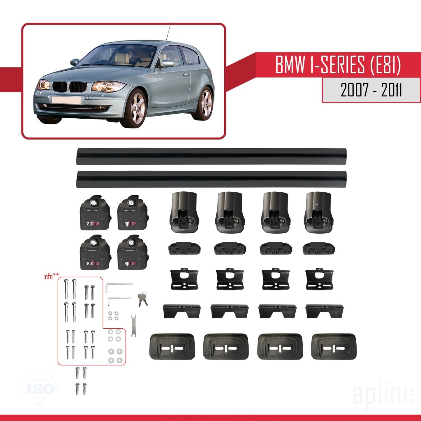 Compatibile con BMW Serie 1 (E81) 2007-2011 Barre portatutto ACE-3 in alluminio nero, 2 barre