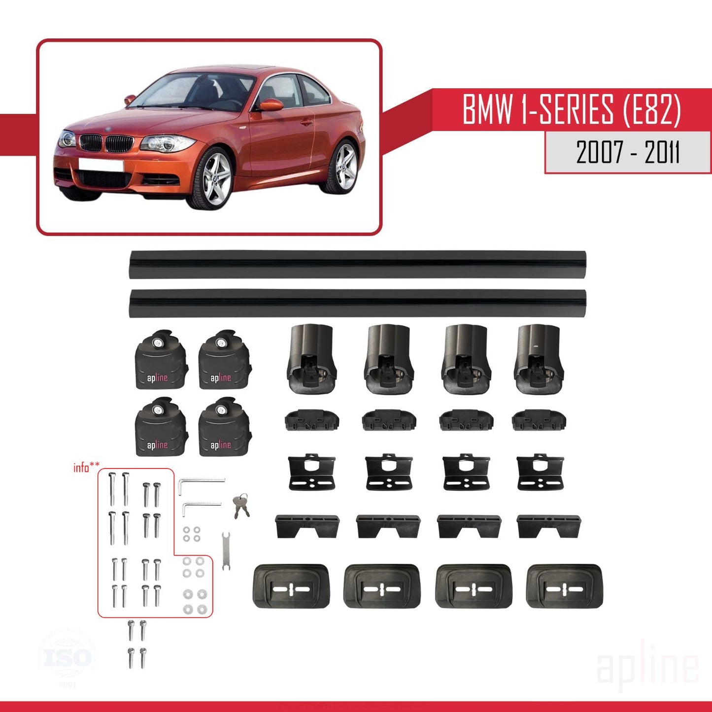 Compatibile con BMW Serie 1 (E82) 2007-2013 Barre portatutto ACE-3 in alluminio nero, 2 barre