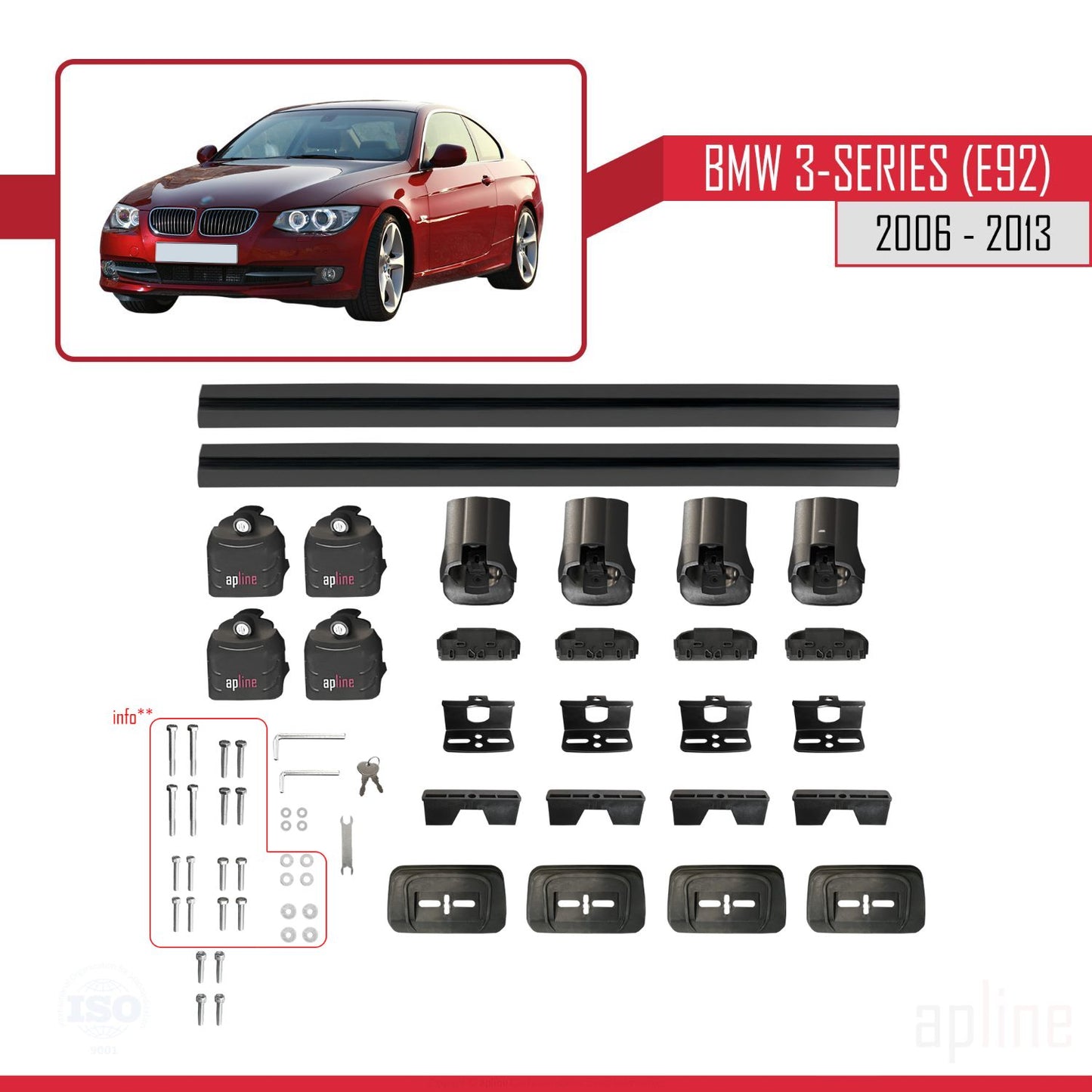 Compatibile con BMW Serie 3 (E92) 2006-2013 Barre portatutto ACE-3 in alluminio nero, 2 barre