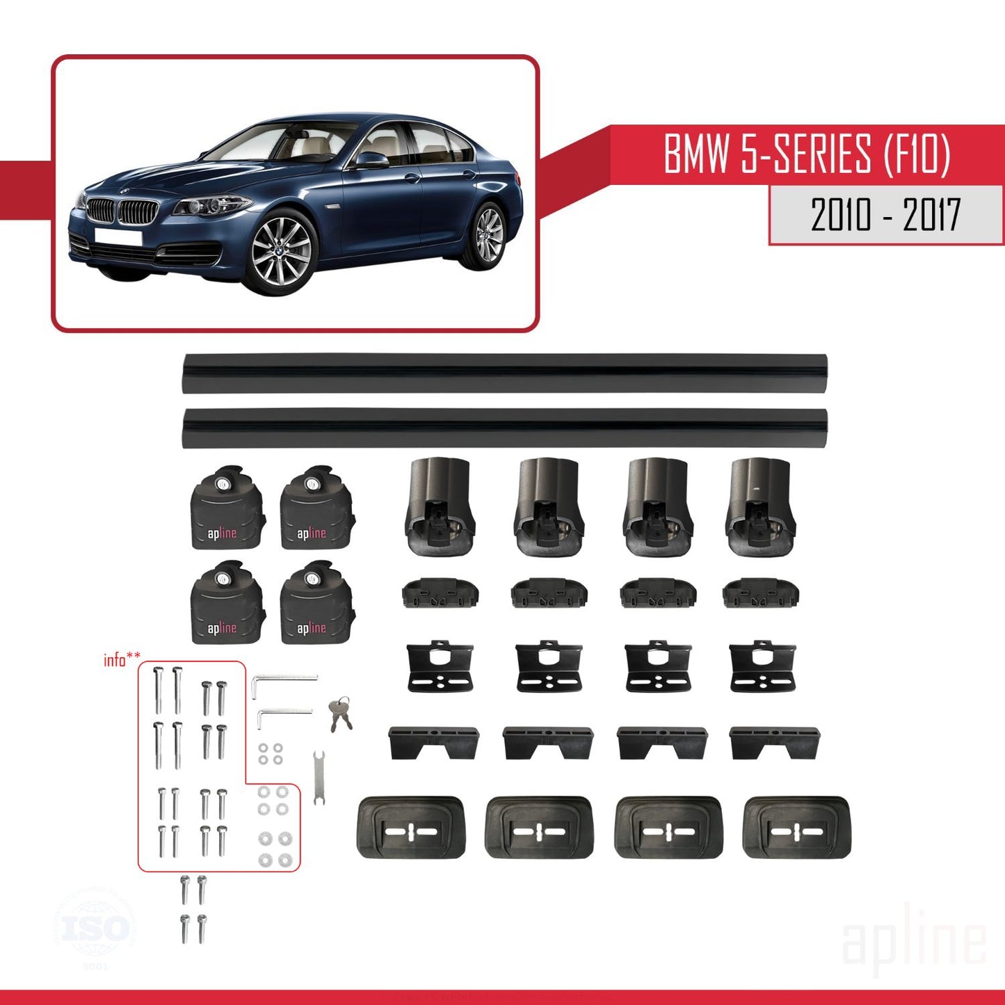 Compatibile con BMW Serie 5 (F10) 2010-2017 Barre portatutto ACE-3 in alluminio nero, 2 barre