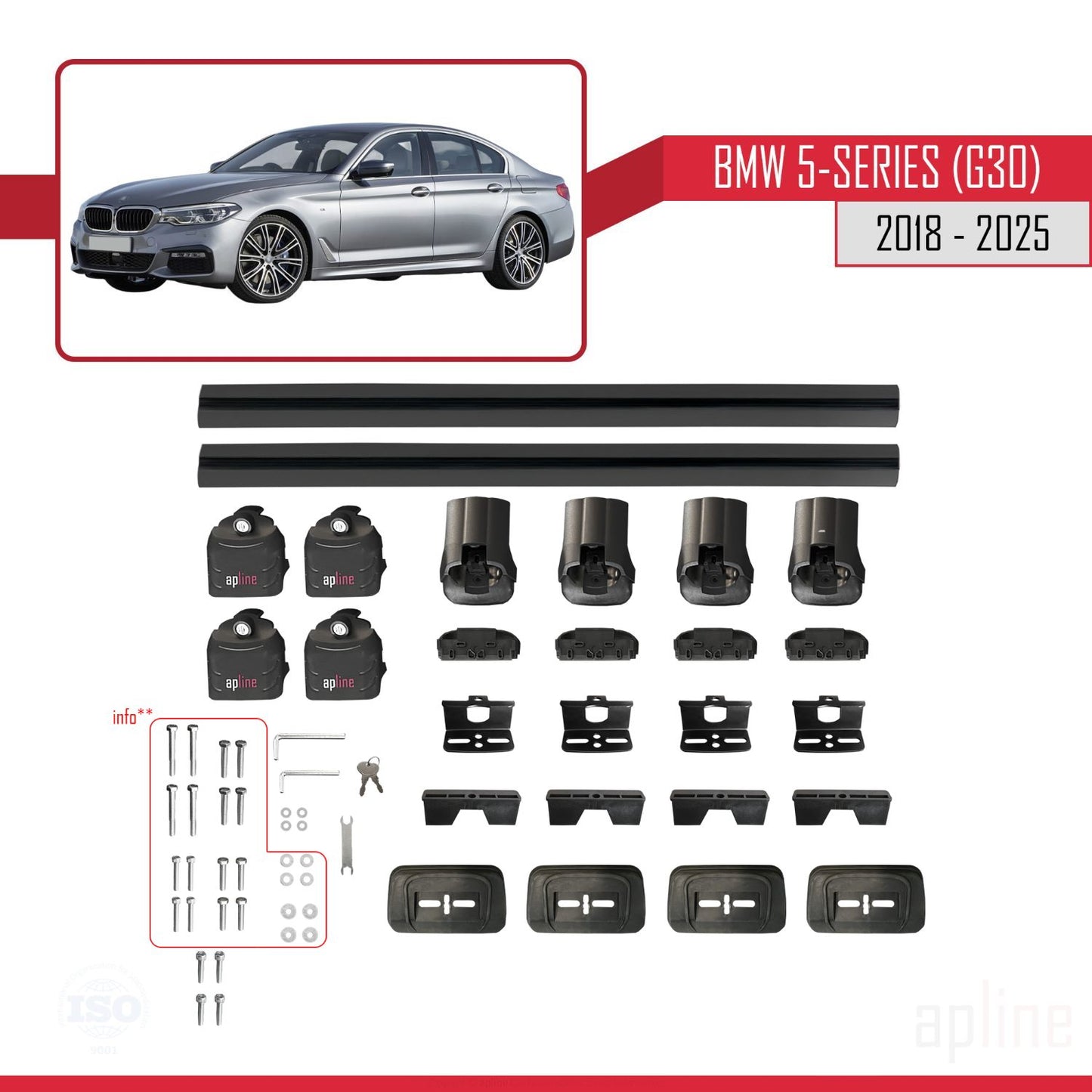 Compatibile con BMW Serie 5 (G30) 2018-2025 Barre portatutto ACE-3 in alluminio nero, 2 barre