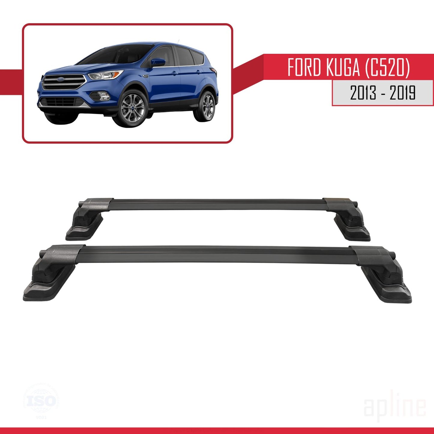 Compatible avec Ford Kuga (C520) 2013-2019 ACE-3 Barres de Toit Railing Porte-Bagages de Voiture Noir Aluminium 2 Barres