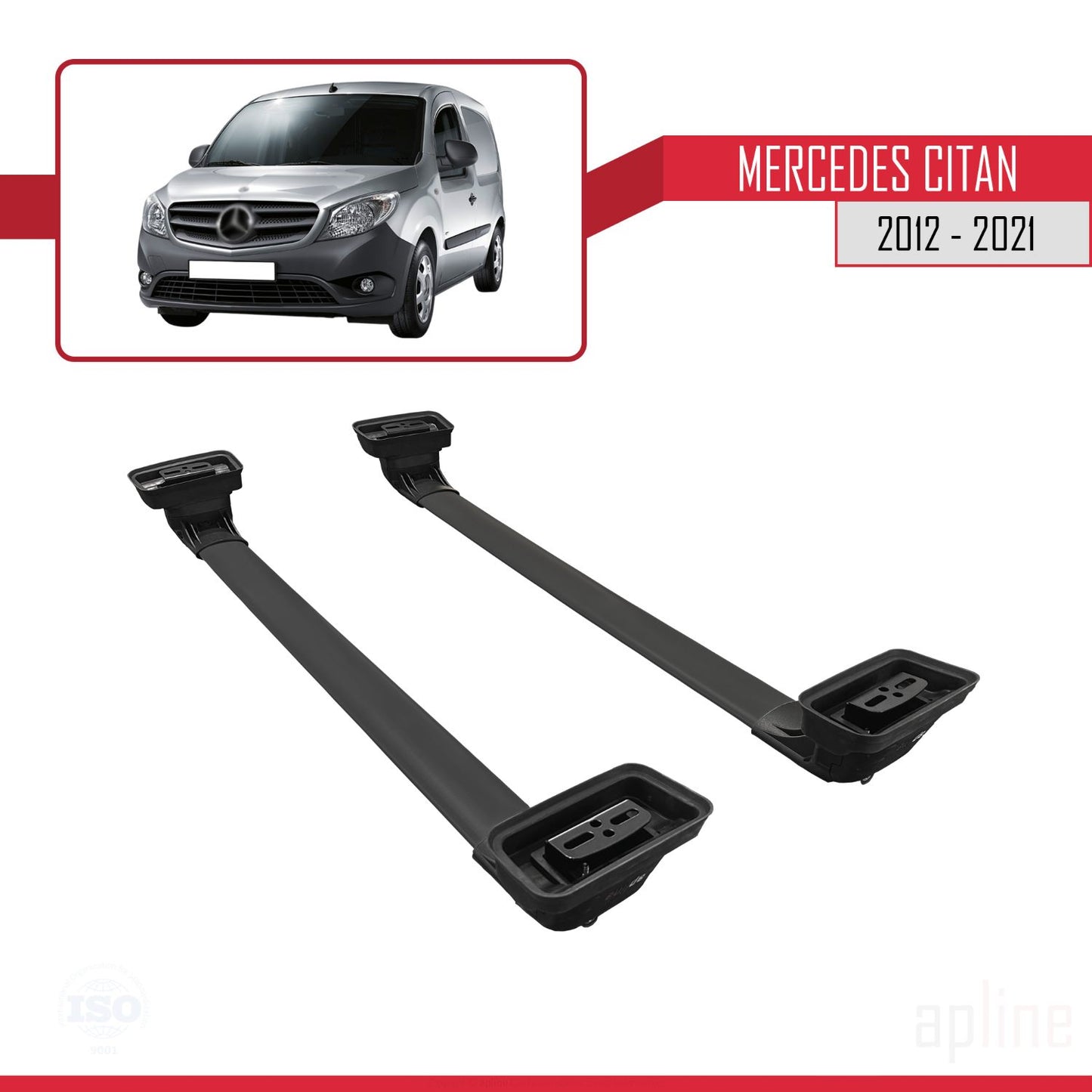 Compatible avec Mercedes Benz Citan 2012-2021 ACE-3 Barres de Toit Railing Porte-Bagages de Voiture Noir Aluminium 2 Barres