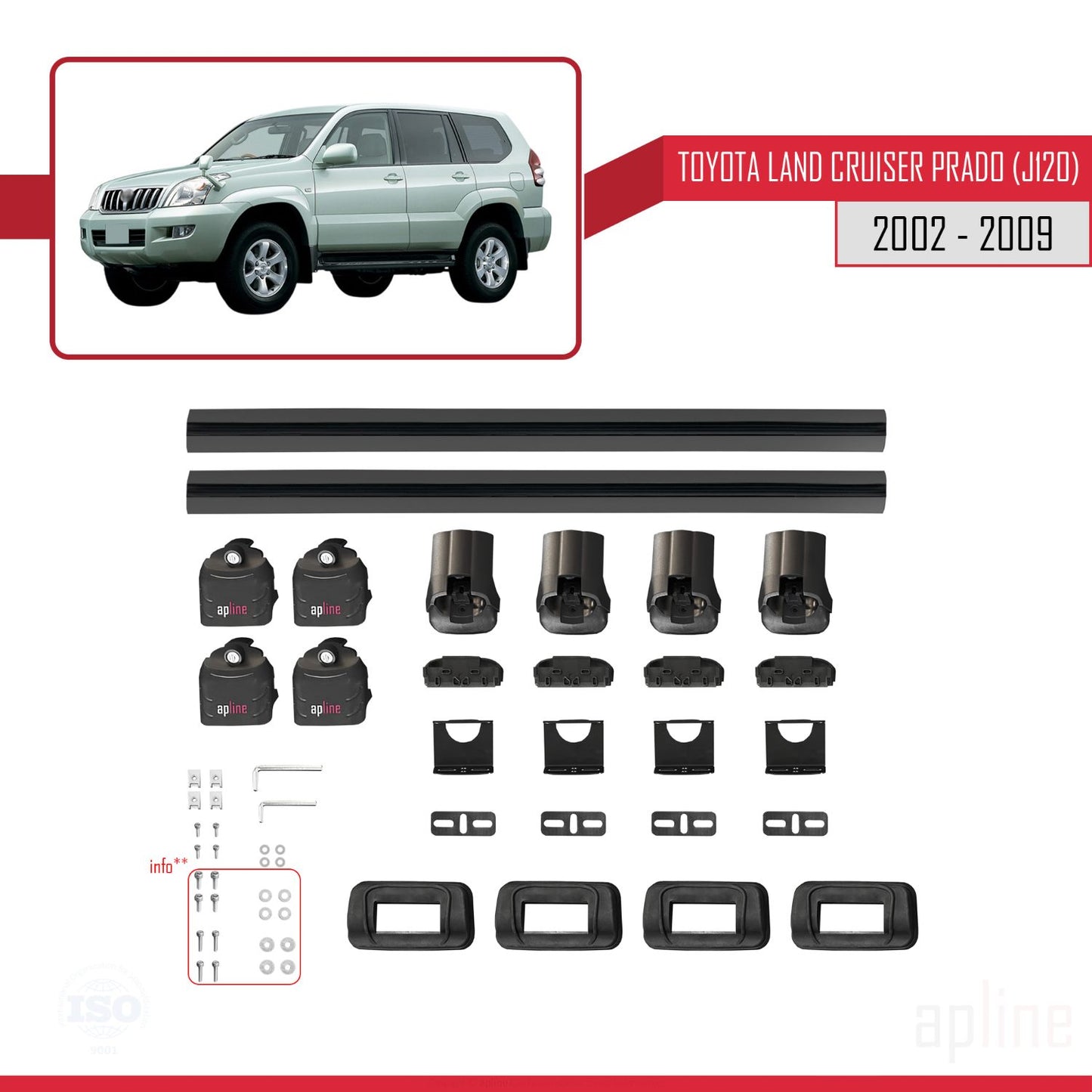 Compatible avec Toyota Land Cruiser Prado (J120) 2002-2009 ACE-3 Barres de Toit Railing Porte-Bagages de Voiture Noir Aluminium 2 Barres