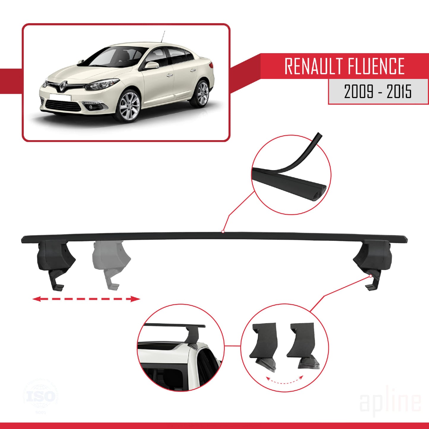 Compatible with Renault Fluence 2009-2015 ACE-4 Car Roof Rack Cross Bar Black Aluminium 2 Bars