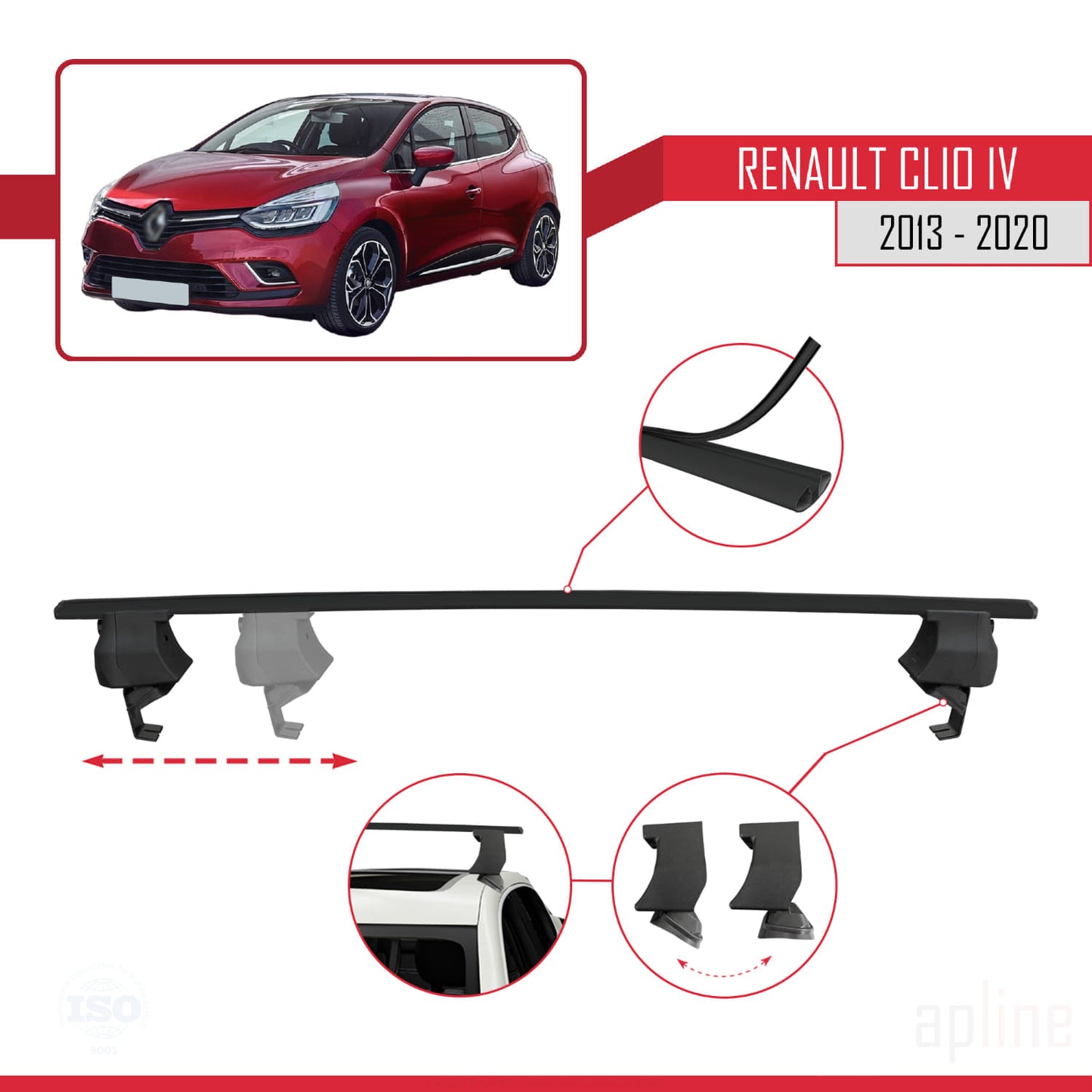 Compatible con Renault Clio 4 2013-2020 ACE-4 Barras de Techo Auto Portaequipajes Barras Transversales Negro Aluminio 2 Barras