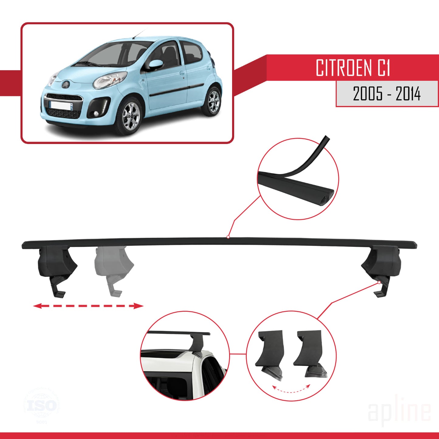 Compatibile con Citroen C1 2005-2014 ACE-4 Barre portatutto per auto Portapacchi in alluminio nero 2 barre
