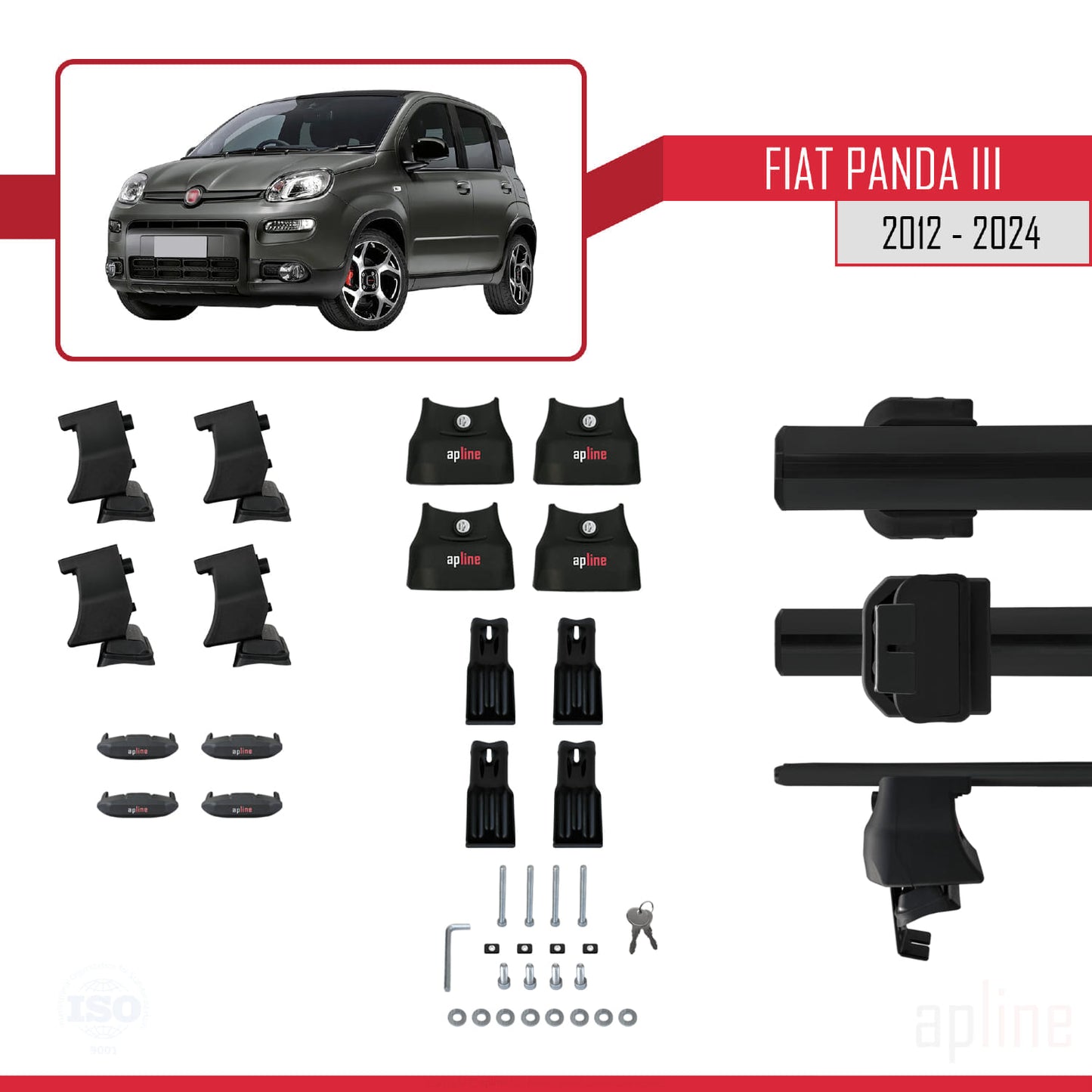 Compatible avec Fiat Panda 3 (319) 2012-2024 ACE-4 Barres de Toit Railing Porte-Bagages de Voiture Noir Aluminium 2 Barres