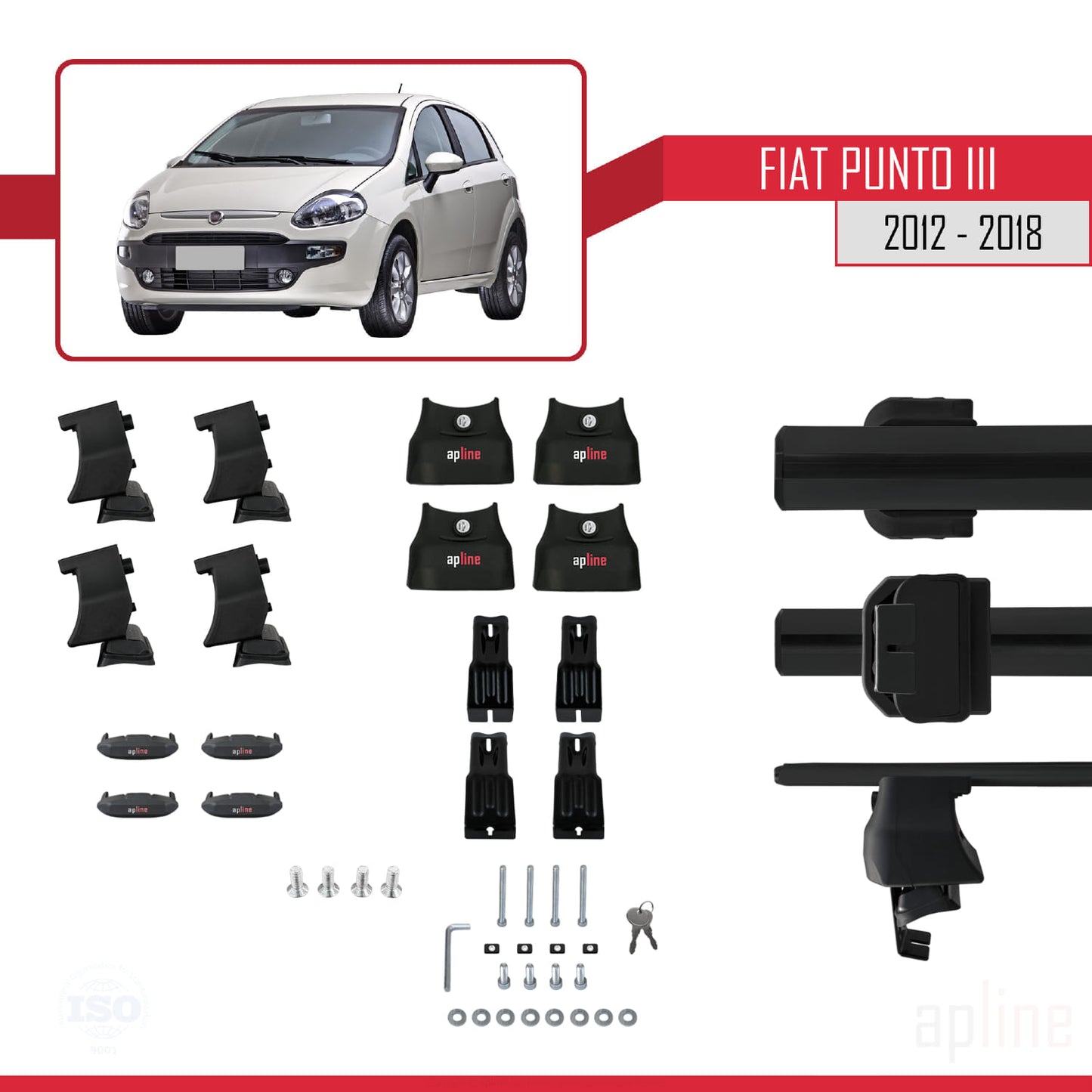 Compatible avec Fiat Punto 3 (199) 2012-2018 ACE-4 Barres de Toit Railing Porte-Bagages de Voiture Noir Aluminium 2 Barres