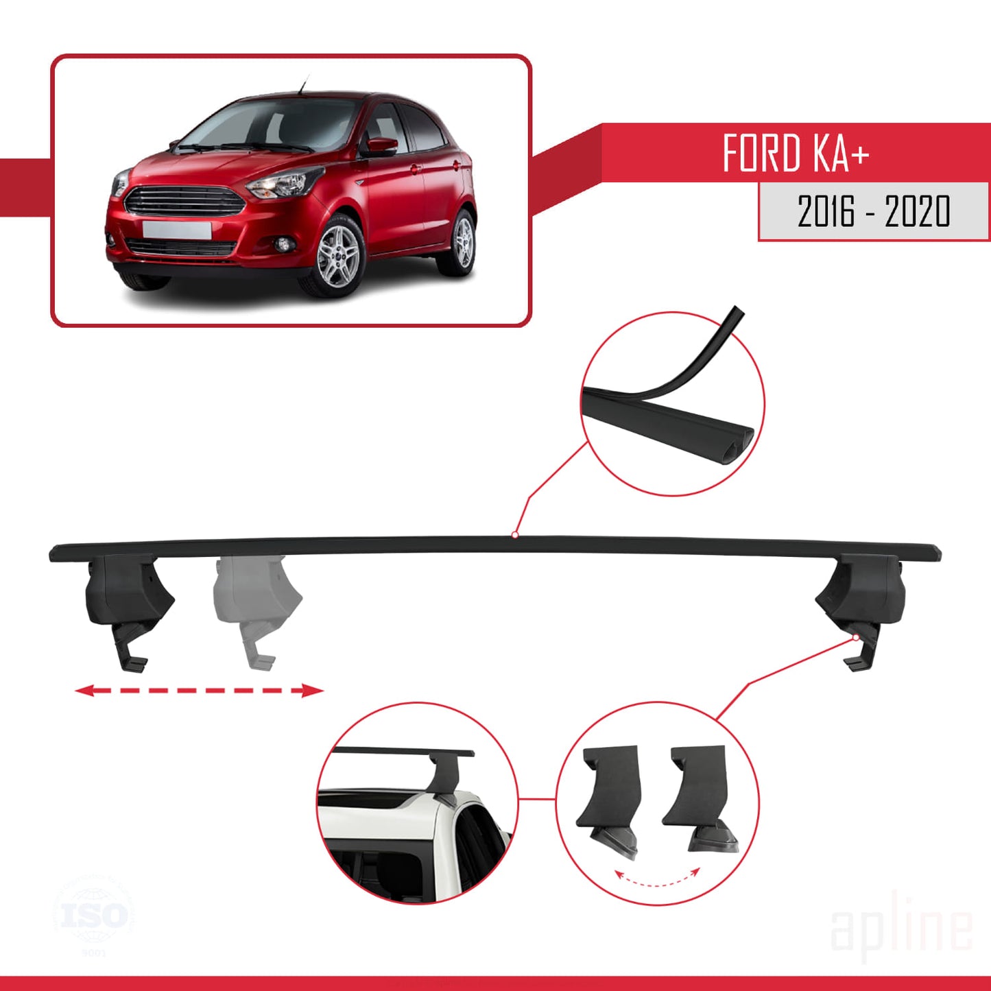 Compatible avec Ford Ka+ 2016-2020 ACE-4 Barres de Toit Railing Porte-Bagages de Voiture Noir Aluminium 2 Barres