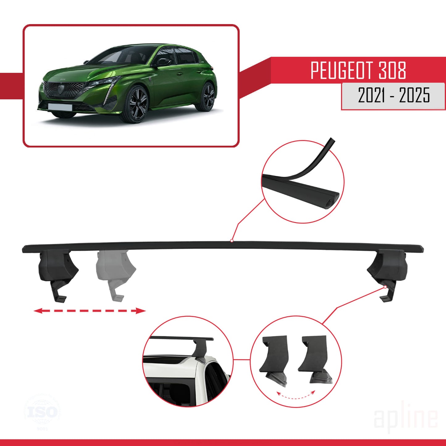 Compatible with Peugeot 308 III (P5) 2021-2025 ACE-4 Car Roof Rack Cross Bar Black Aluminium 2 Bars